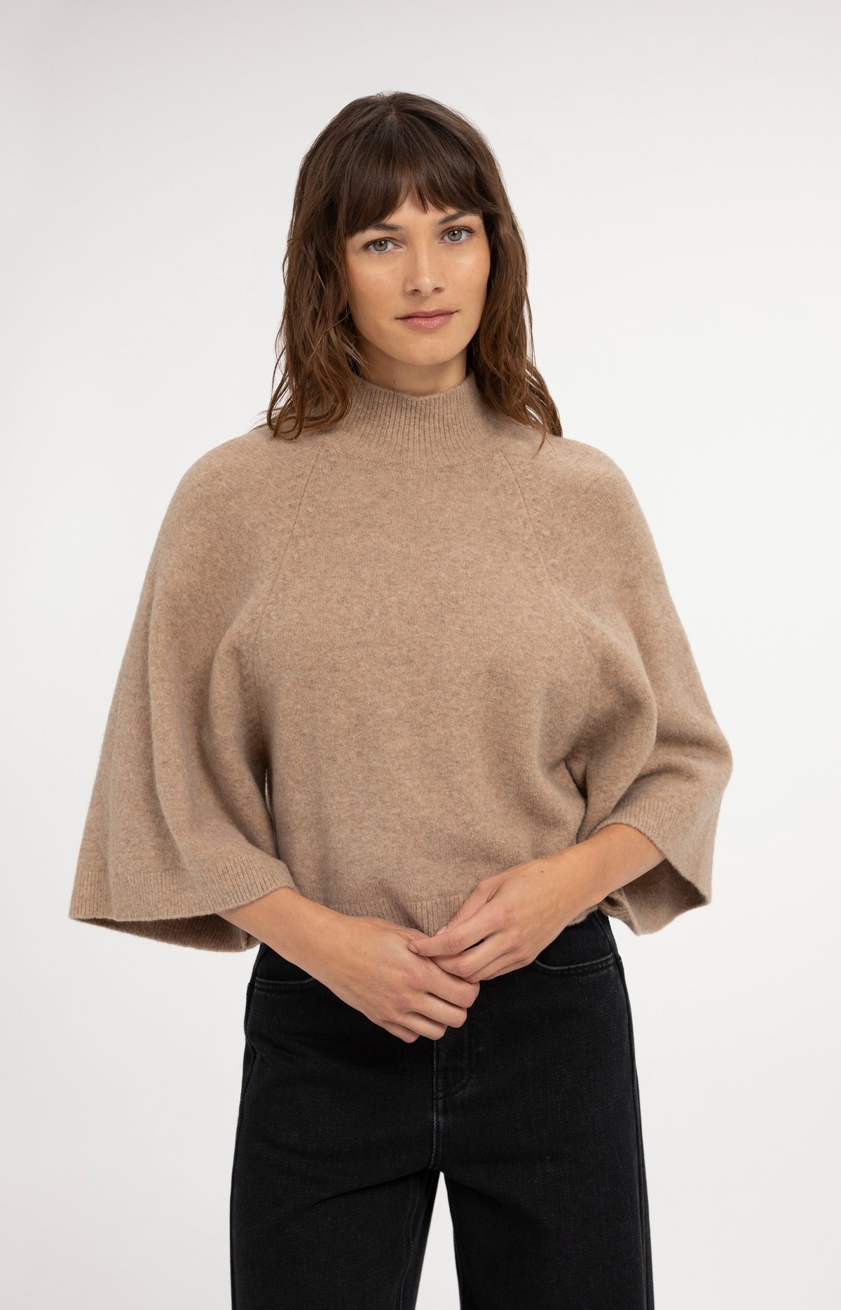 Pull à larges manches, col montant - Dark Beige Melange