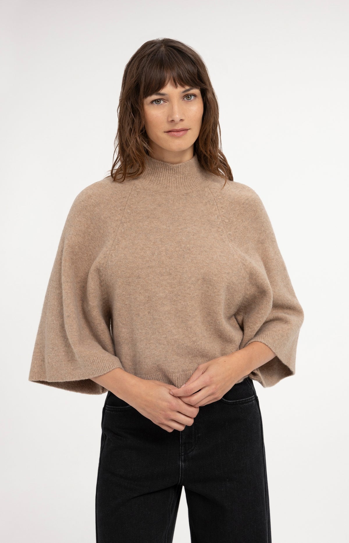 Pullover mit weiten Ärmeln und hohem Kragen - Dark Beige Melange