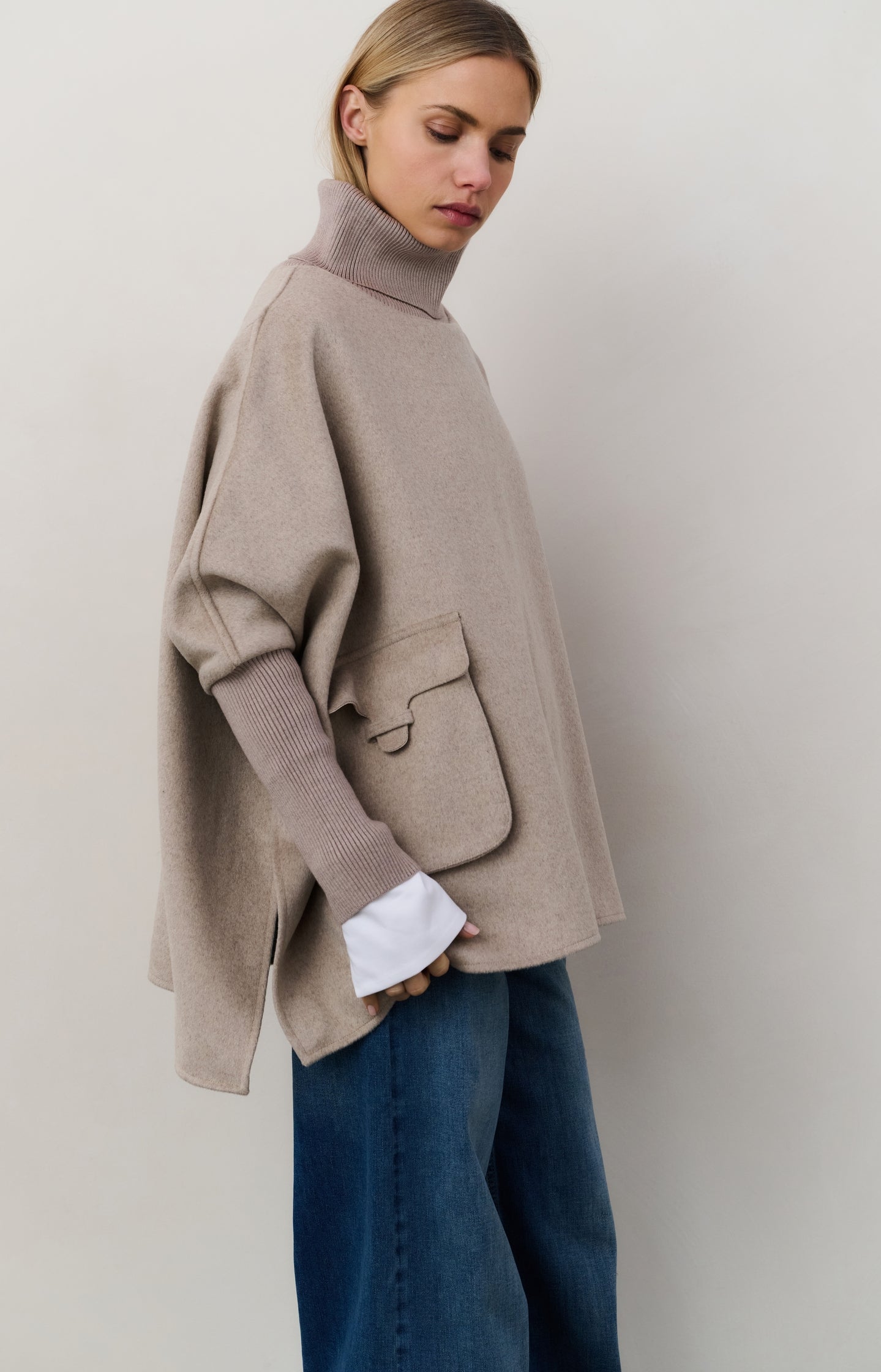 Wool blend poncho with turtleneck and flap pocket - Type: lookbook