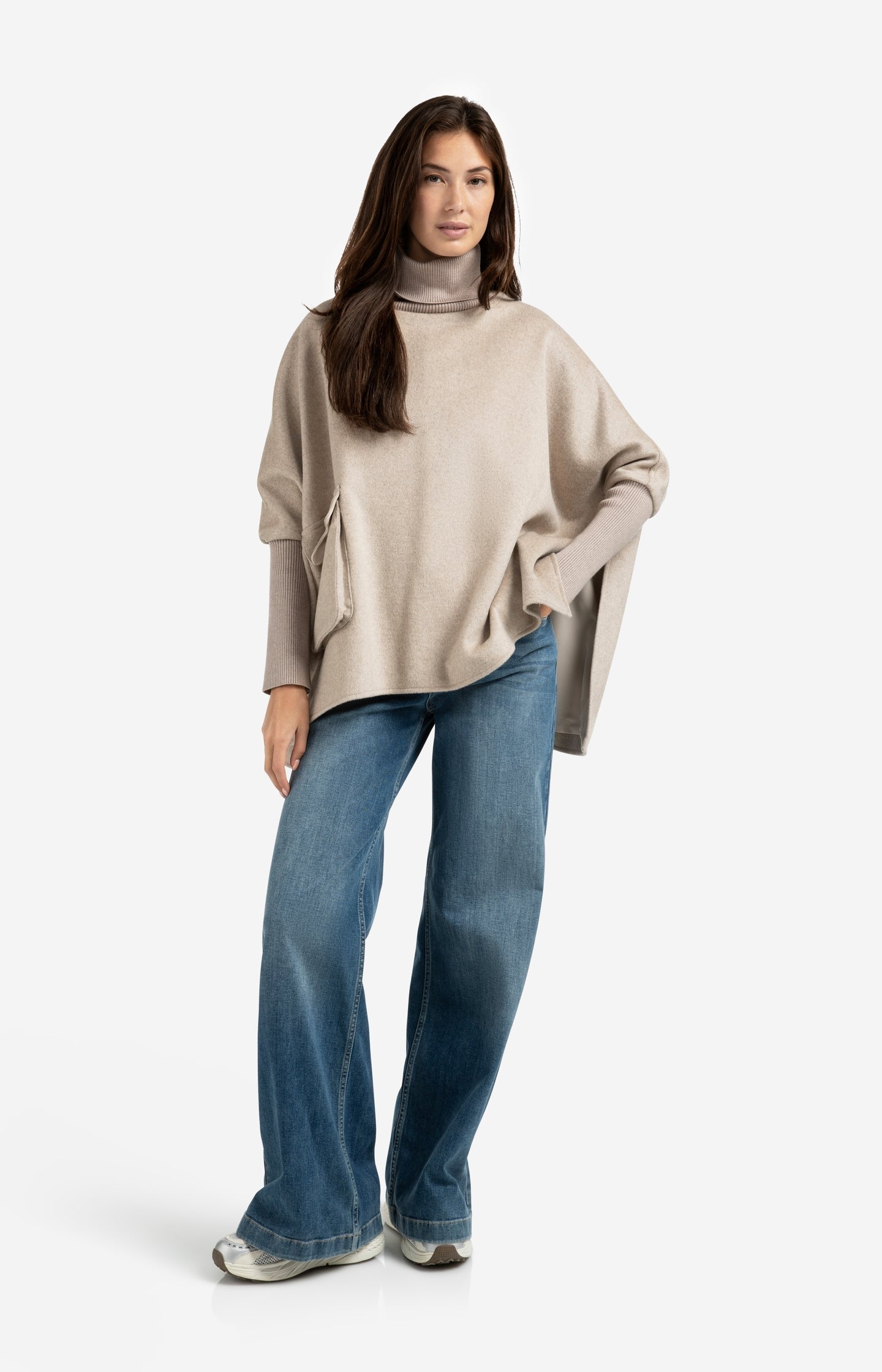 Wool blend poncho with turtleneck and flap pocket