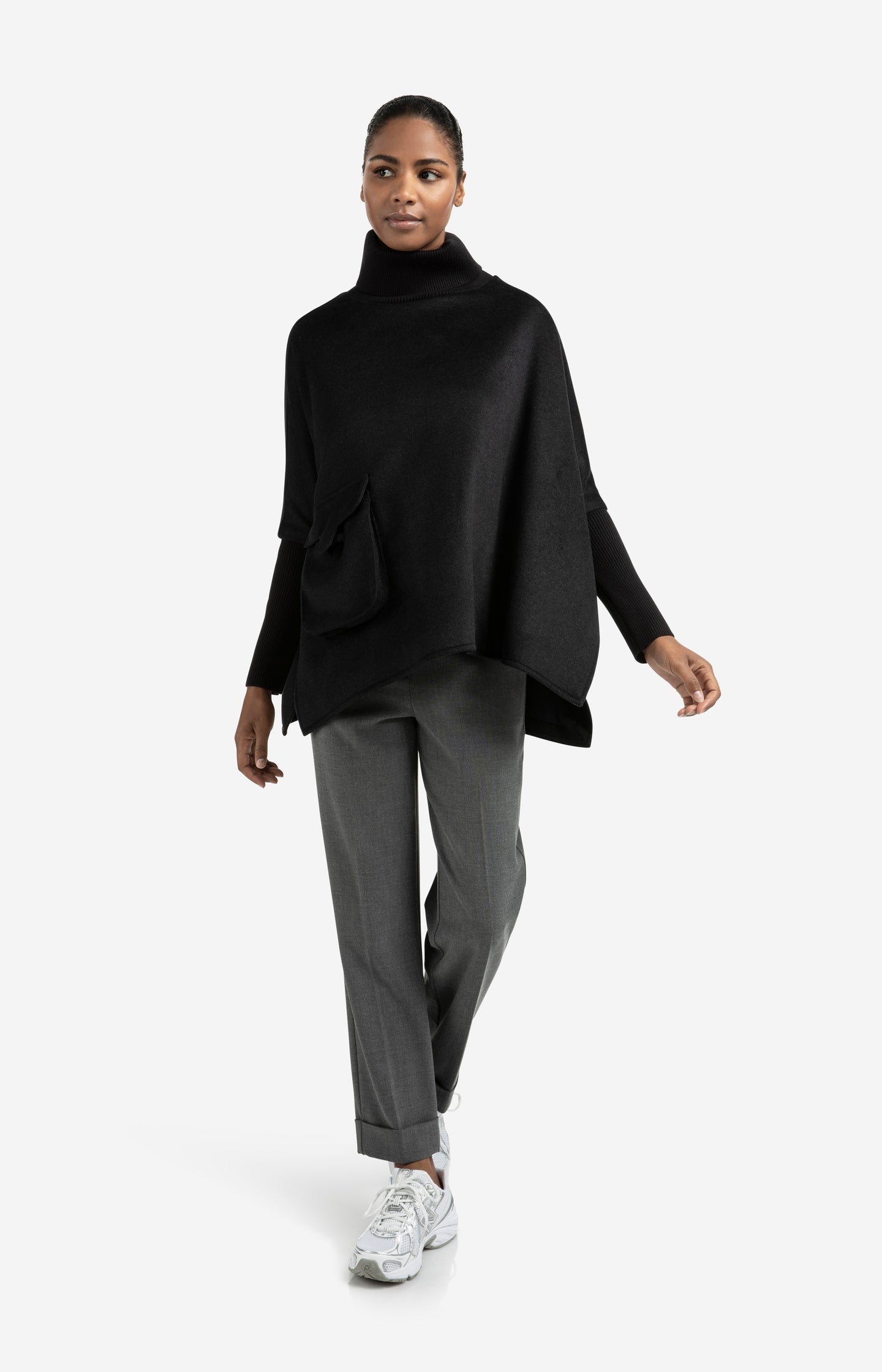 Wool blend poncho with turtleneck and flap pocket