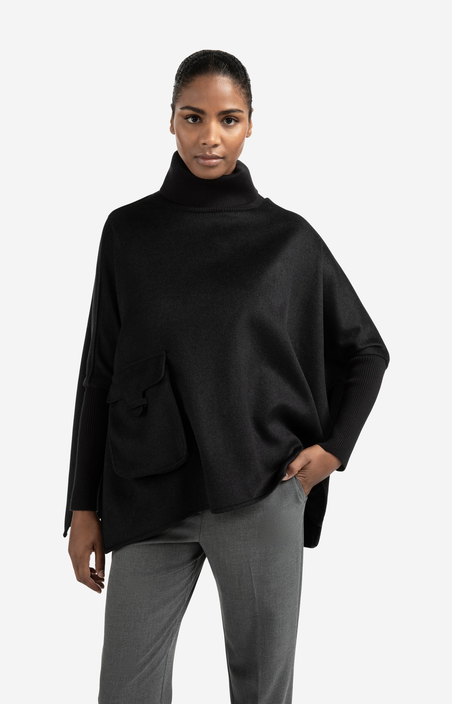 Wool blend poncho with turtleneck and flap pocket