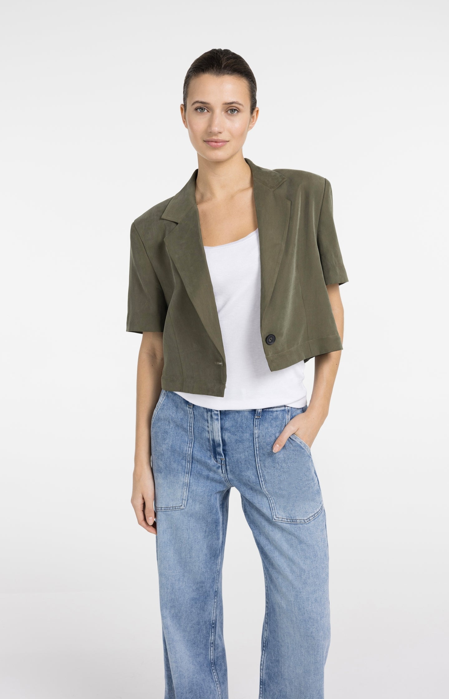 Woven blazer with short sleeves and detachable zip hem