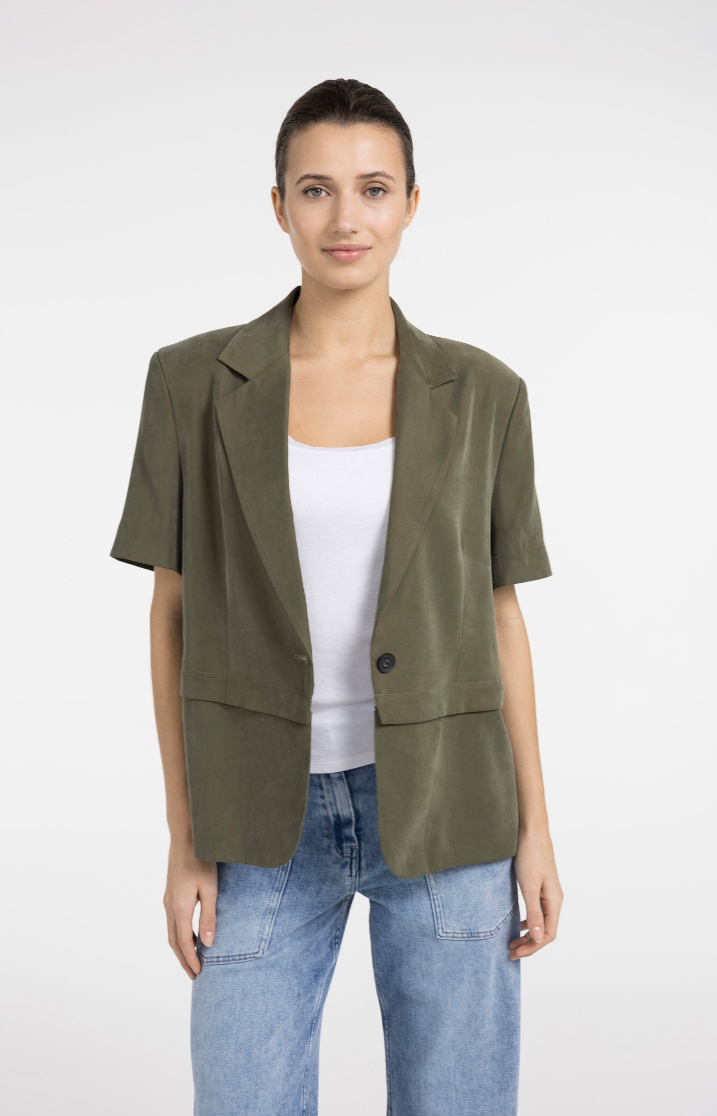 Woven blazer with short sleeves and detachable zip hem