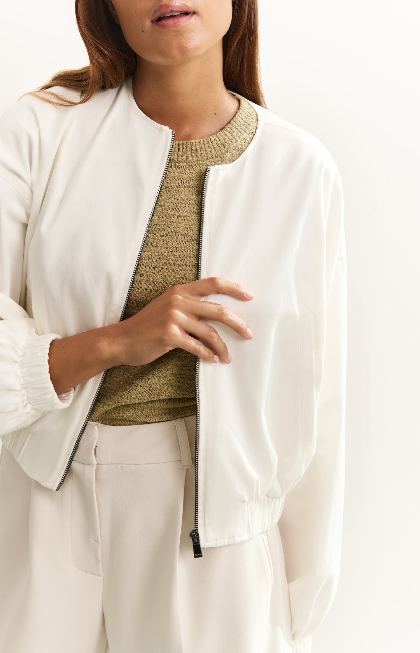 Woven cropped bomber jacket with zipper