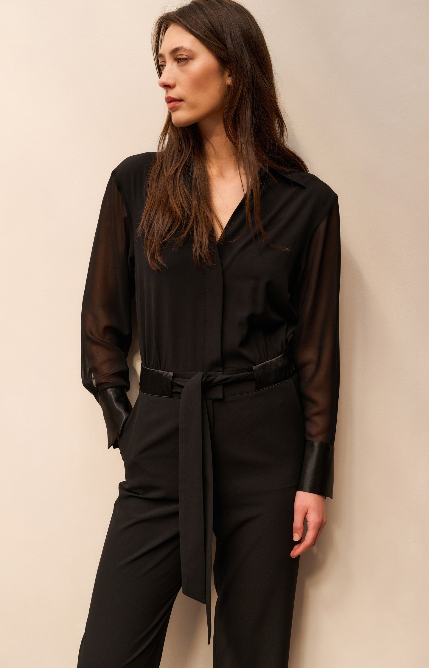 Woven jumpsuit with tie belt and long, sheer sleeves - Type: lookbook