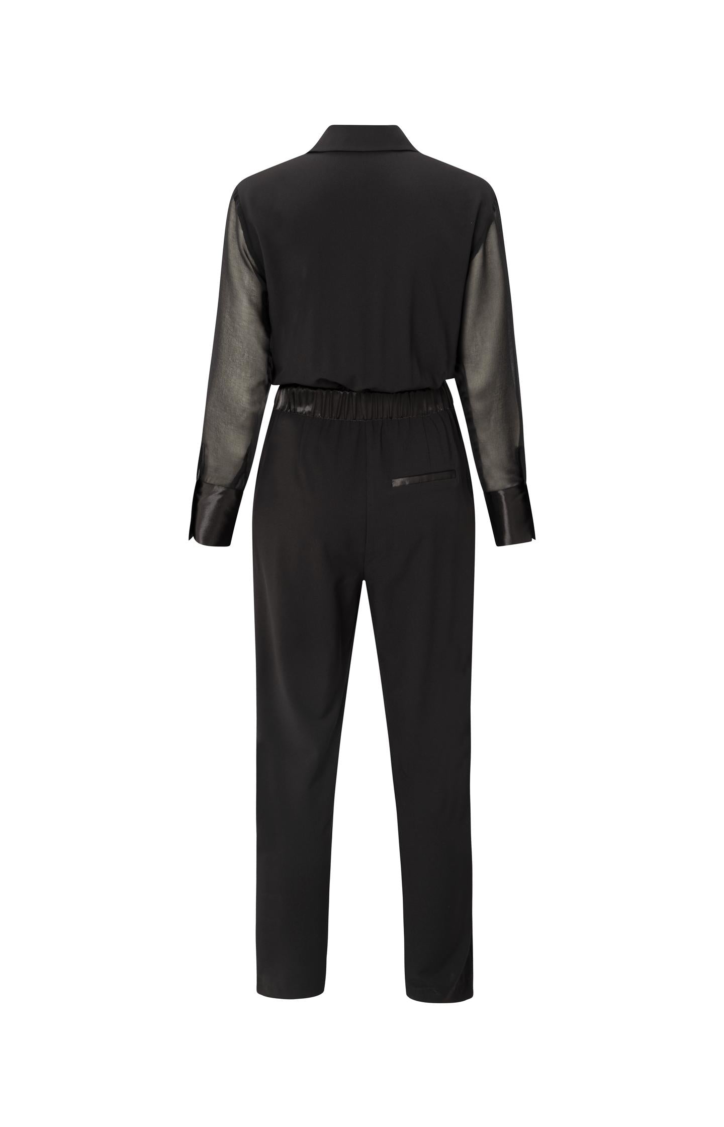 Woven jumpsuit with tie belt and long, sheer sleeves