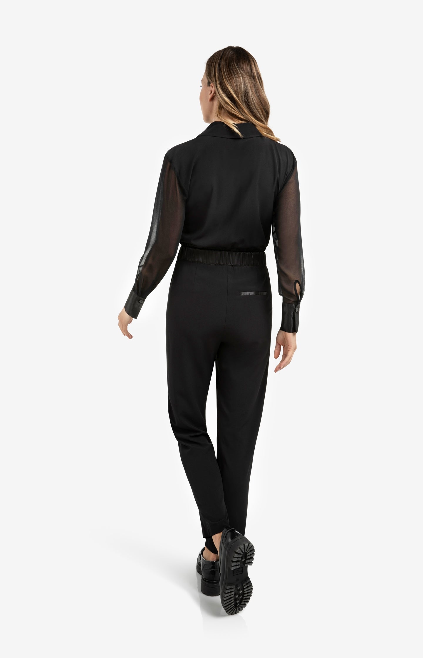 Woven jumpsuit with tie belt and long, sheer sleeves