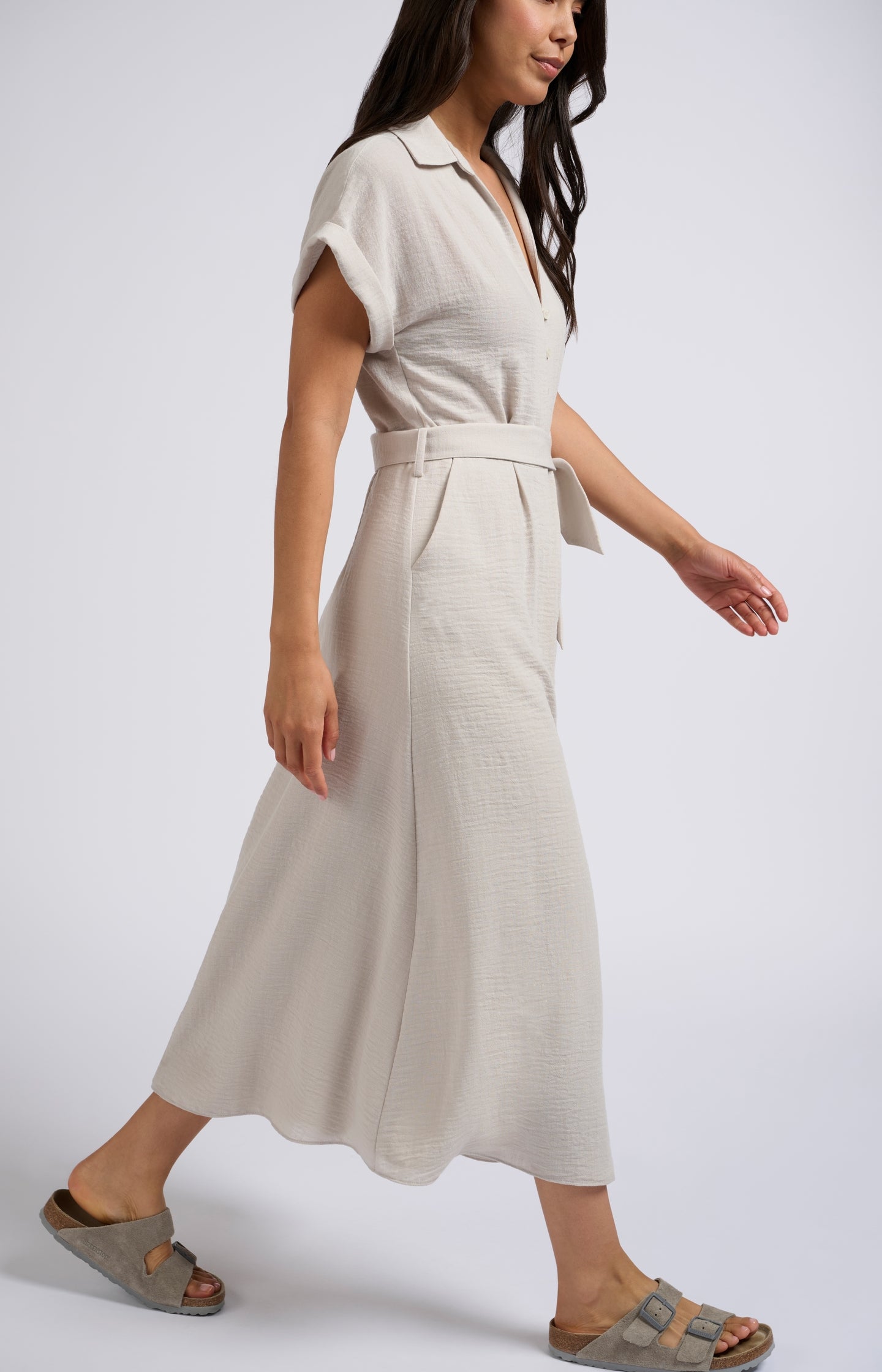 Woven midi dress with short sleeves and tie belt - Type: lookbook