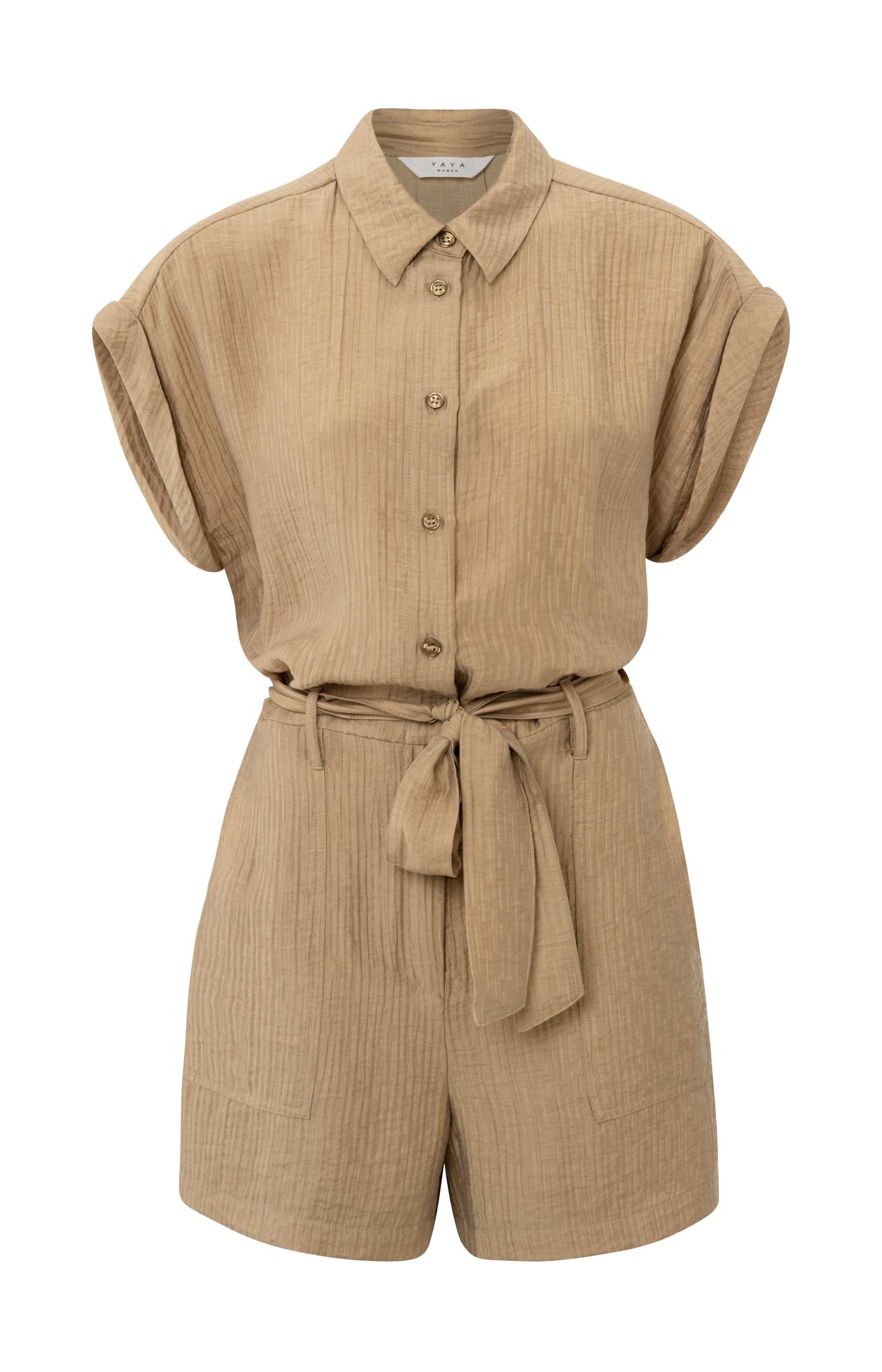 Woven playsuit with short sleeves, pockets, buttons and belt - Type: product