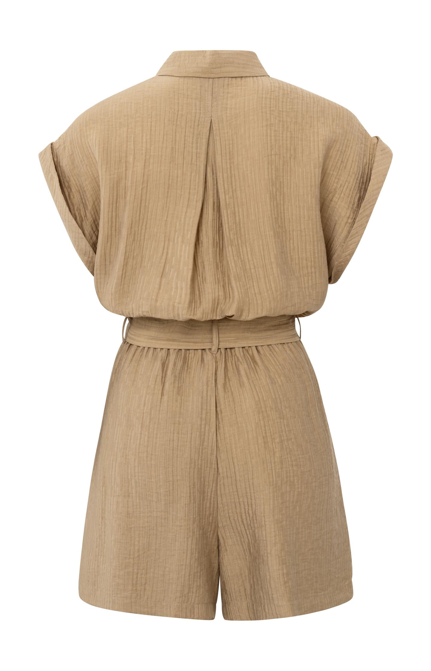 Woven playsuit with short sleeves, pockets, buttons and belt