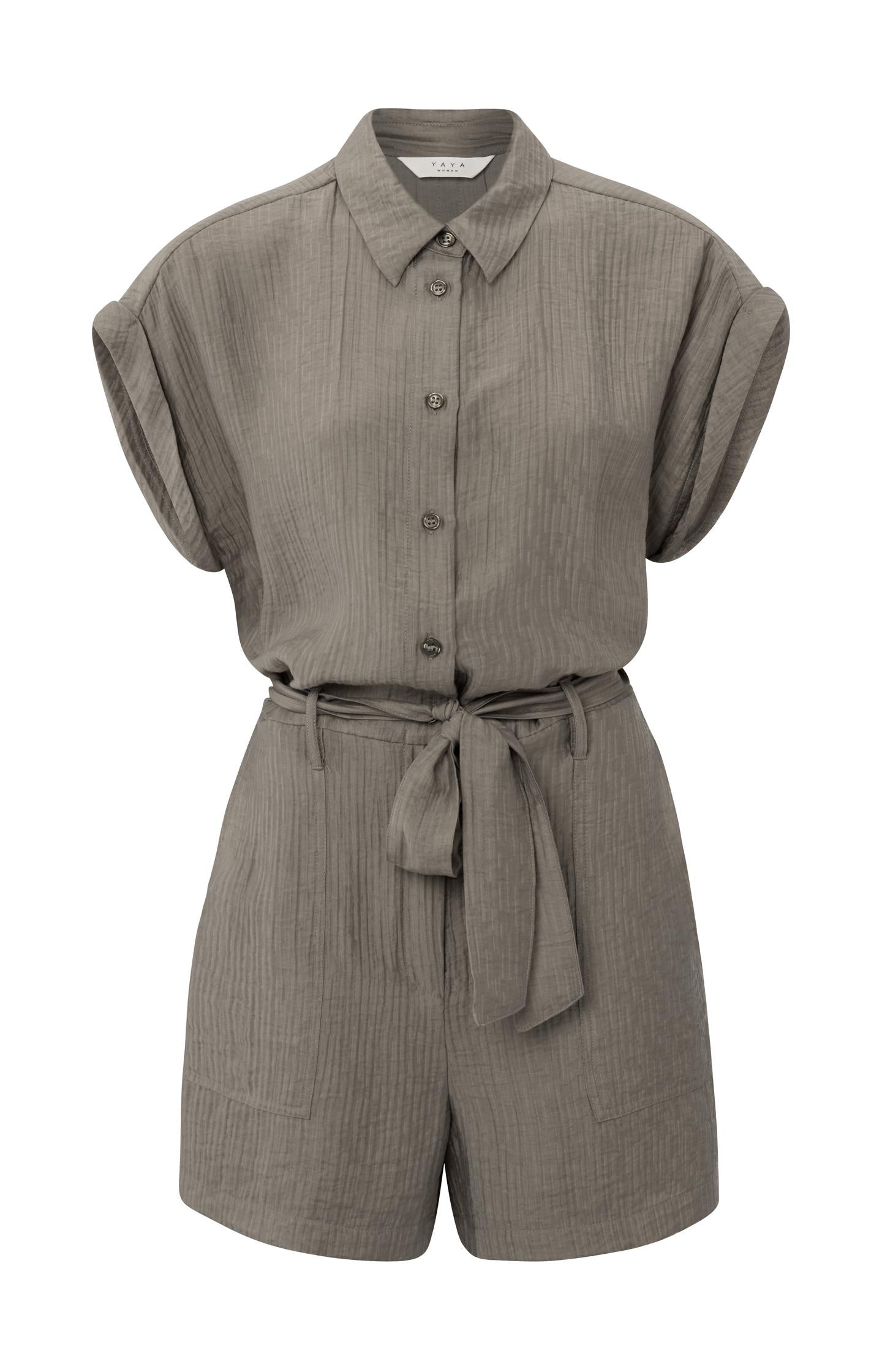 Woven playsuit with short sleeves, pockets, buttons and belt - Type: product