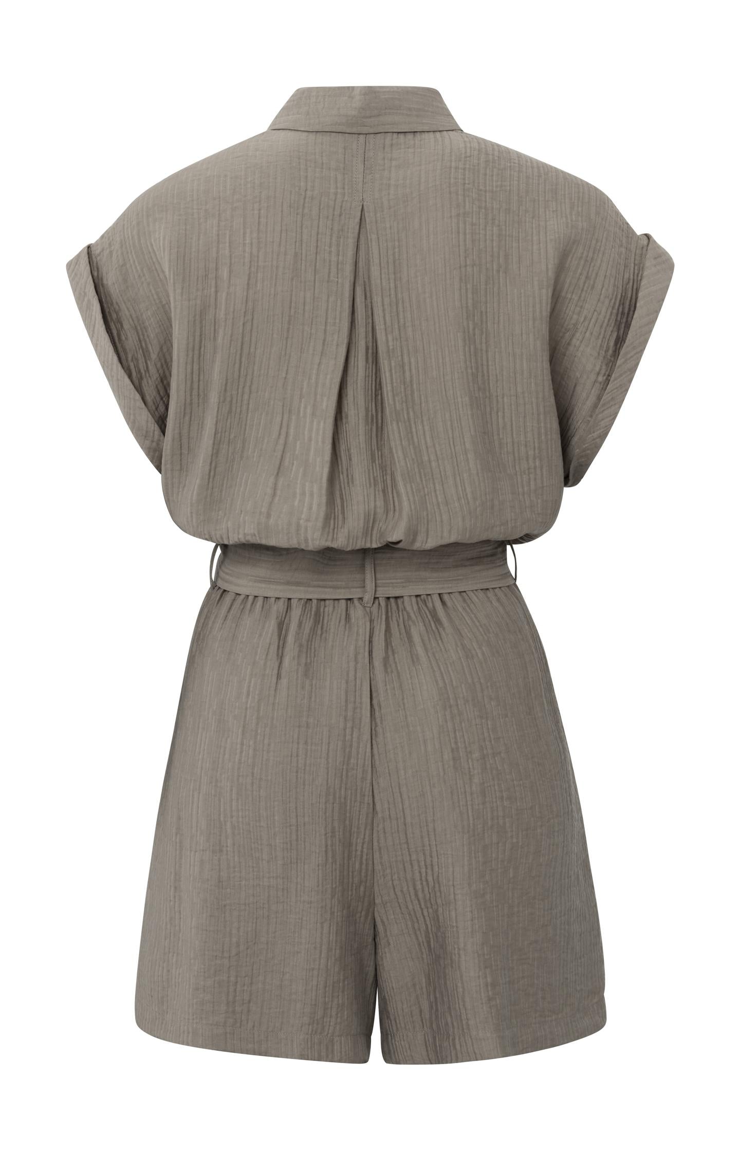 Woven playsuit with short sleeves, pockets, buttons and belt
