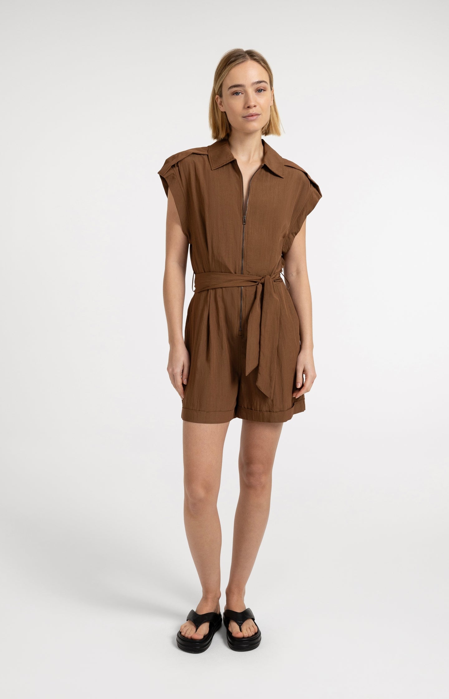 Woven playsuit with zip and tie belt - Type: video