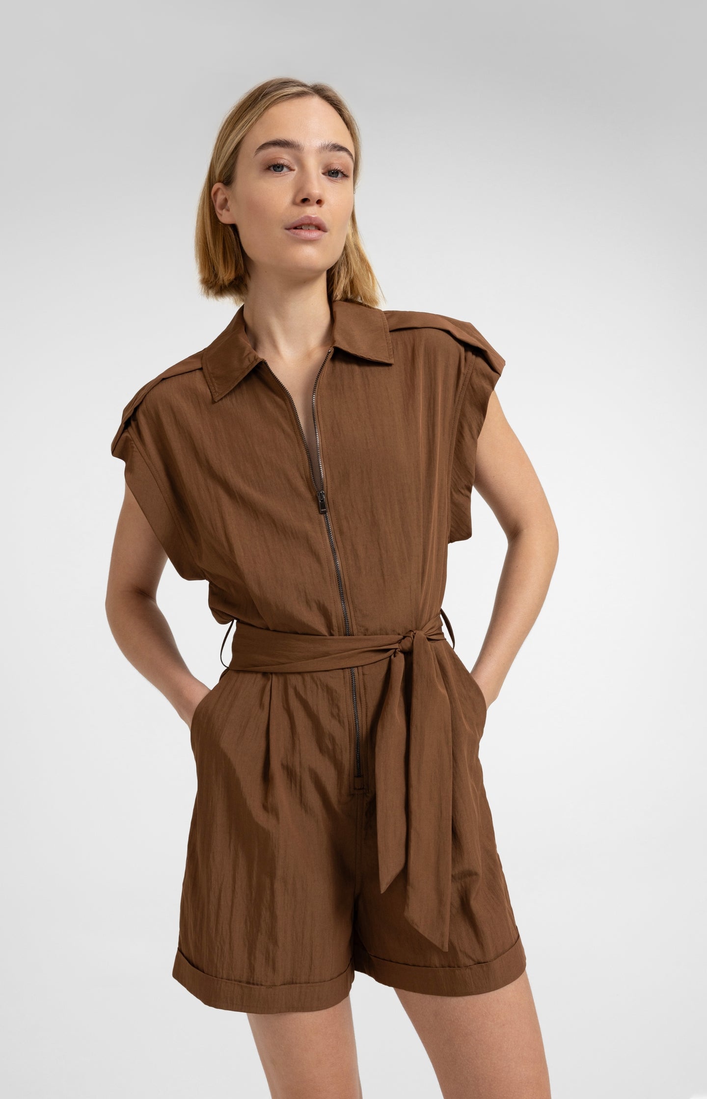 Woven playsuit with zip and tie belt - Type: video