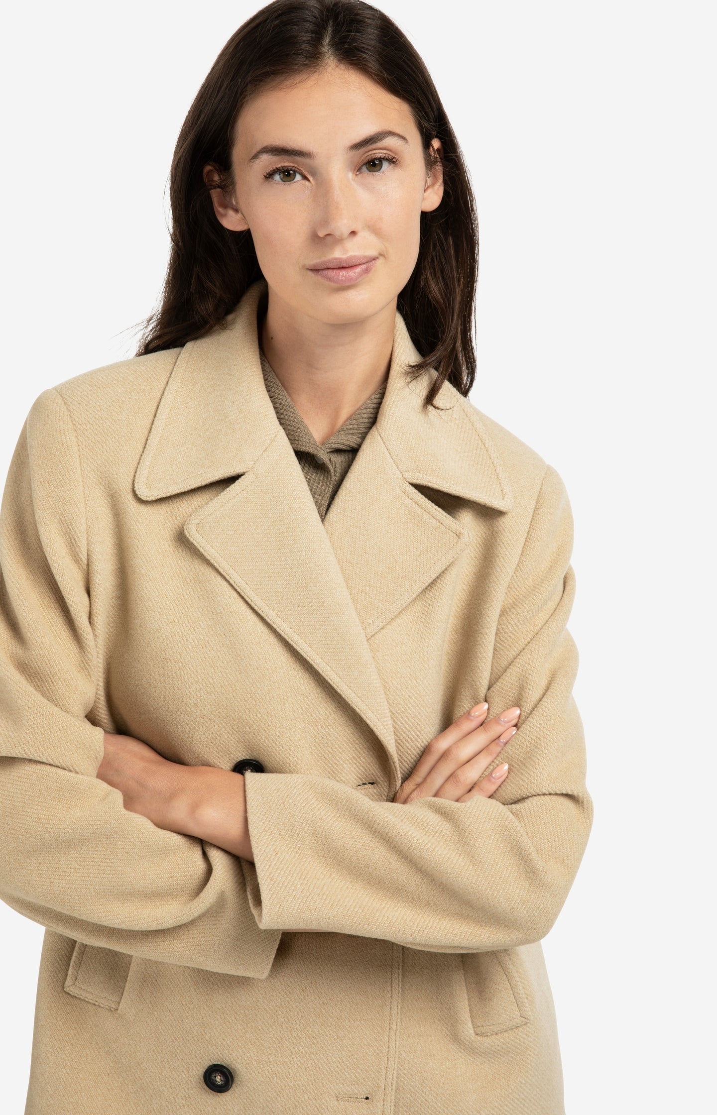 Woven short coat with double-breasted closure