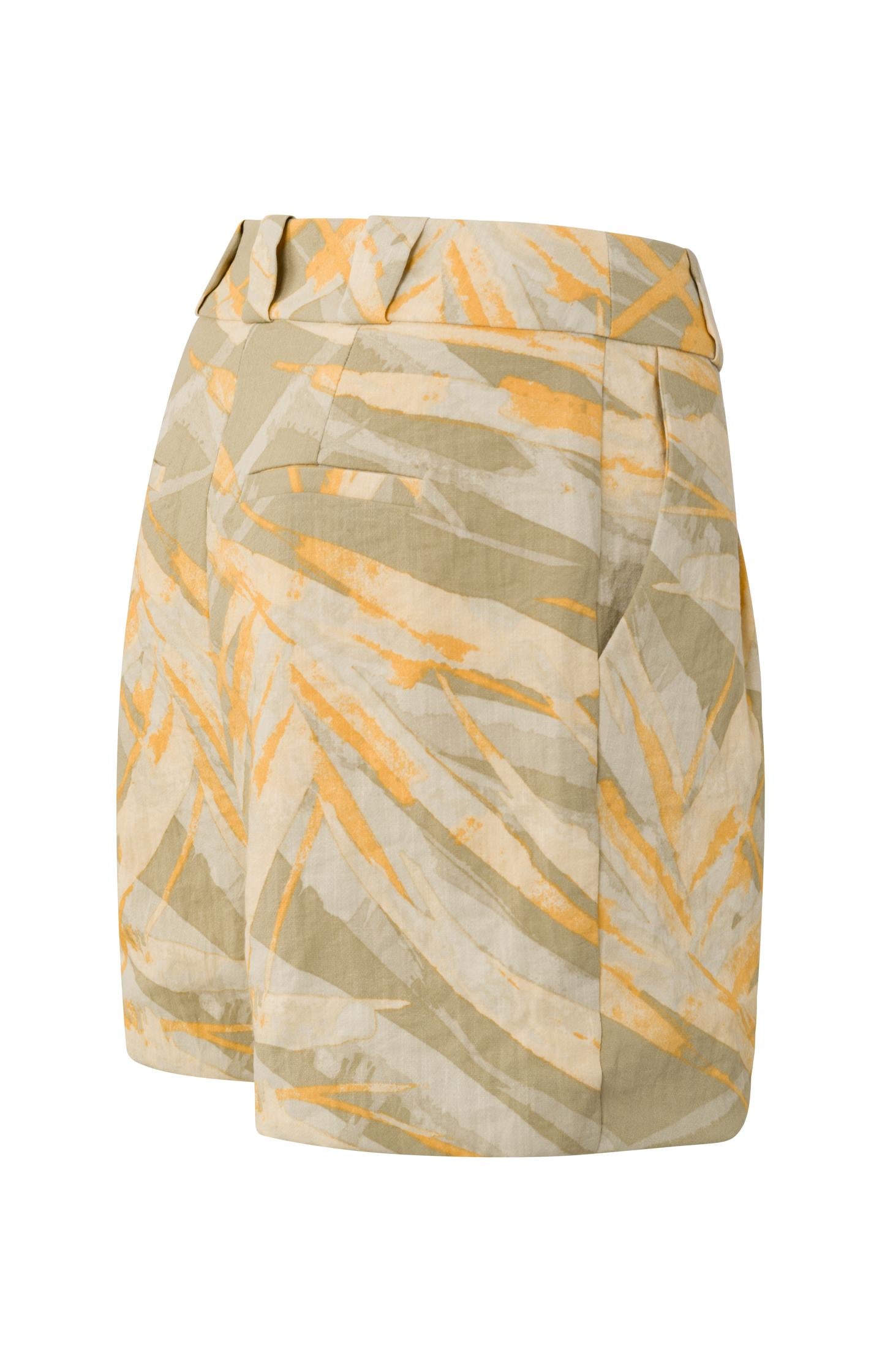 Woven shorts with high waist, pockets, zip fly and print