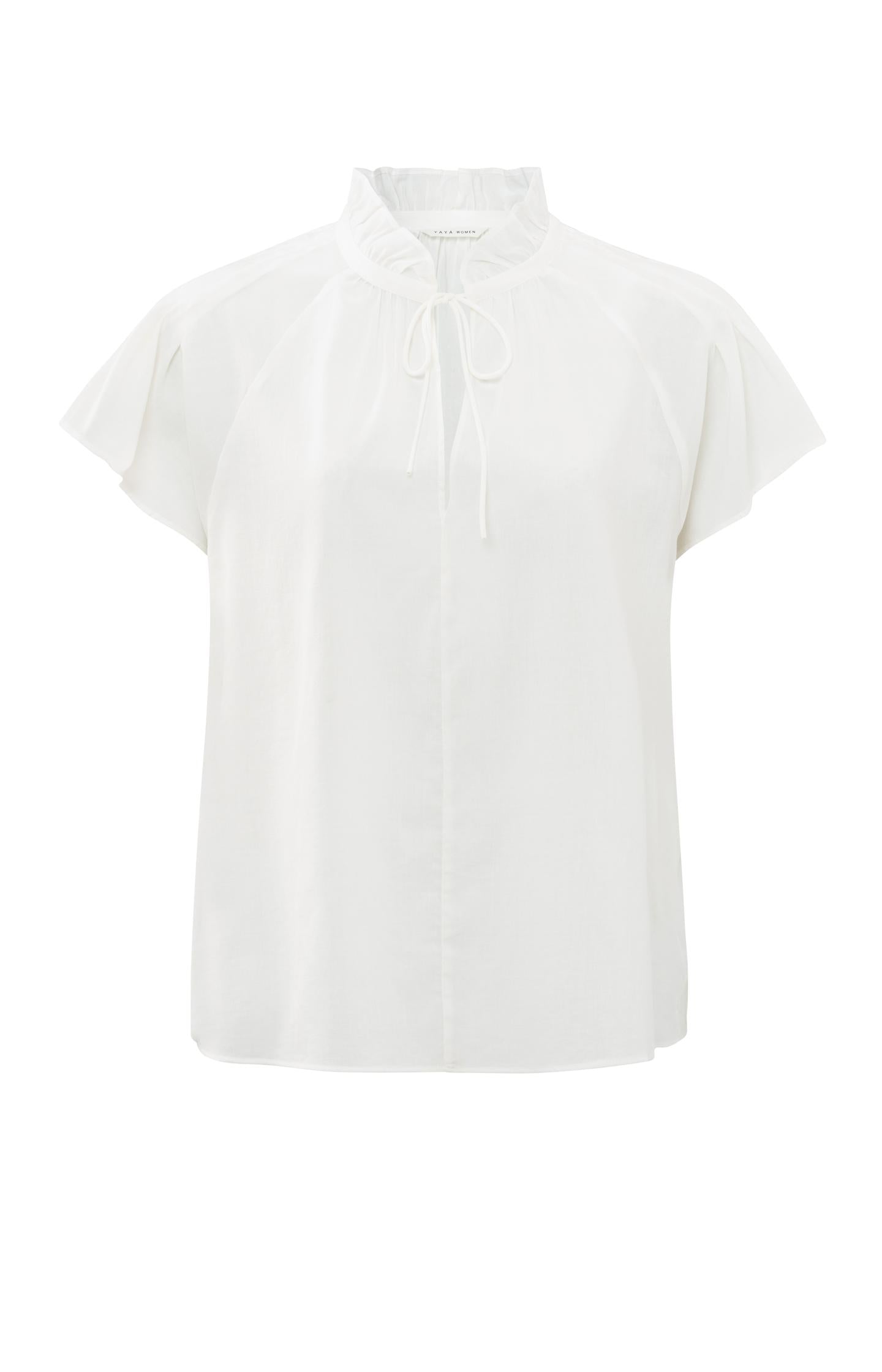 Woven top with high ruffled neck and short sleeves - Blanc De Blanc White - Type: product