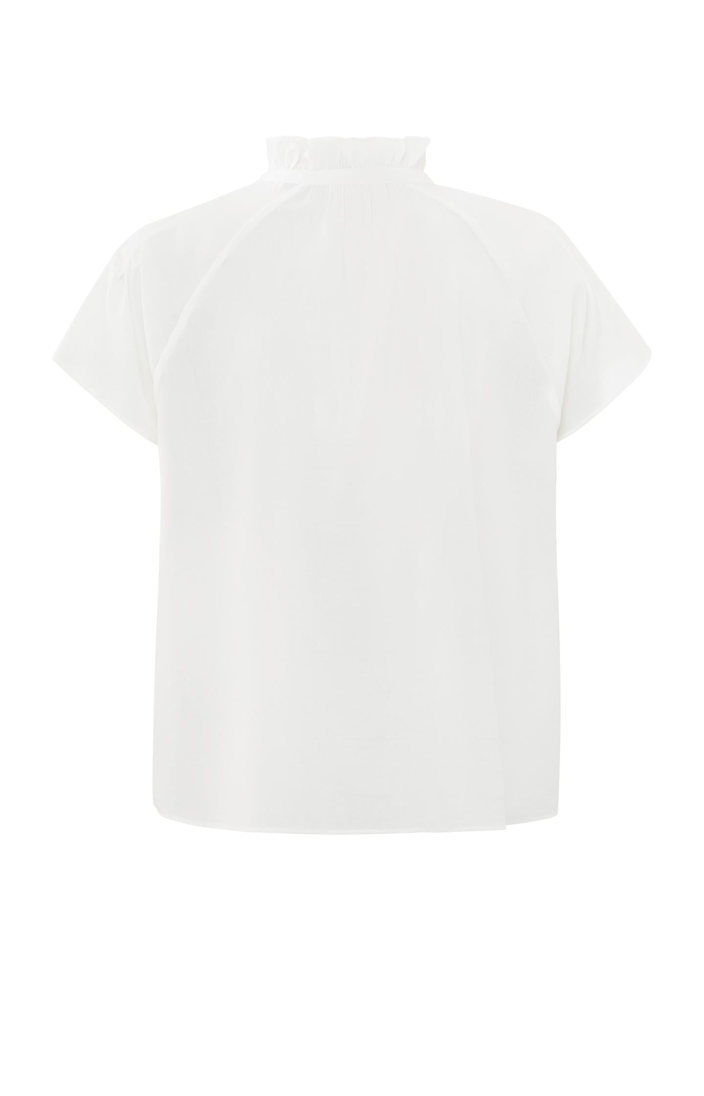 Woven top with high ruffled neck and short sleeves - Blanc De Blanc White