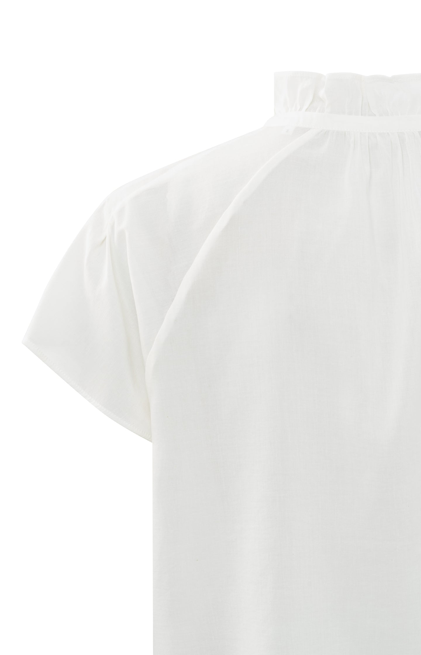 Woven top with high ruffled neck and short sleeves - Blanc De Blanc White