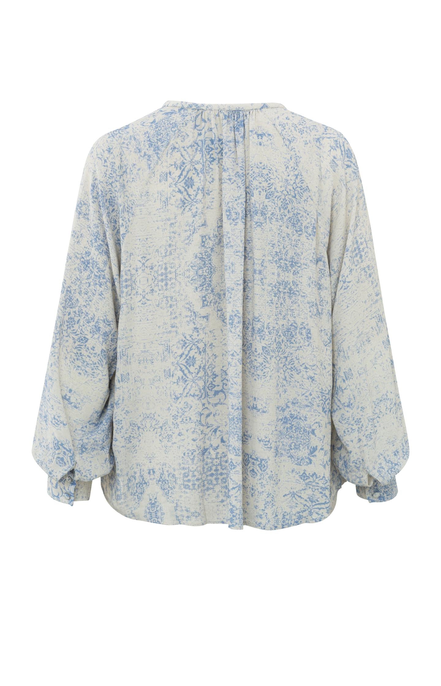 Woven top with V-neck, long balloon sleeves and print
