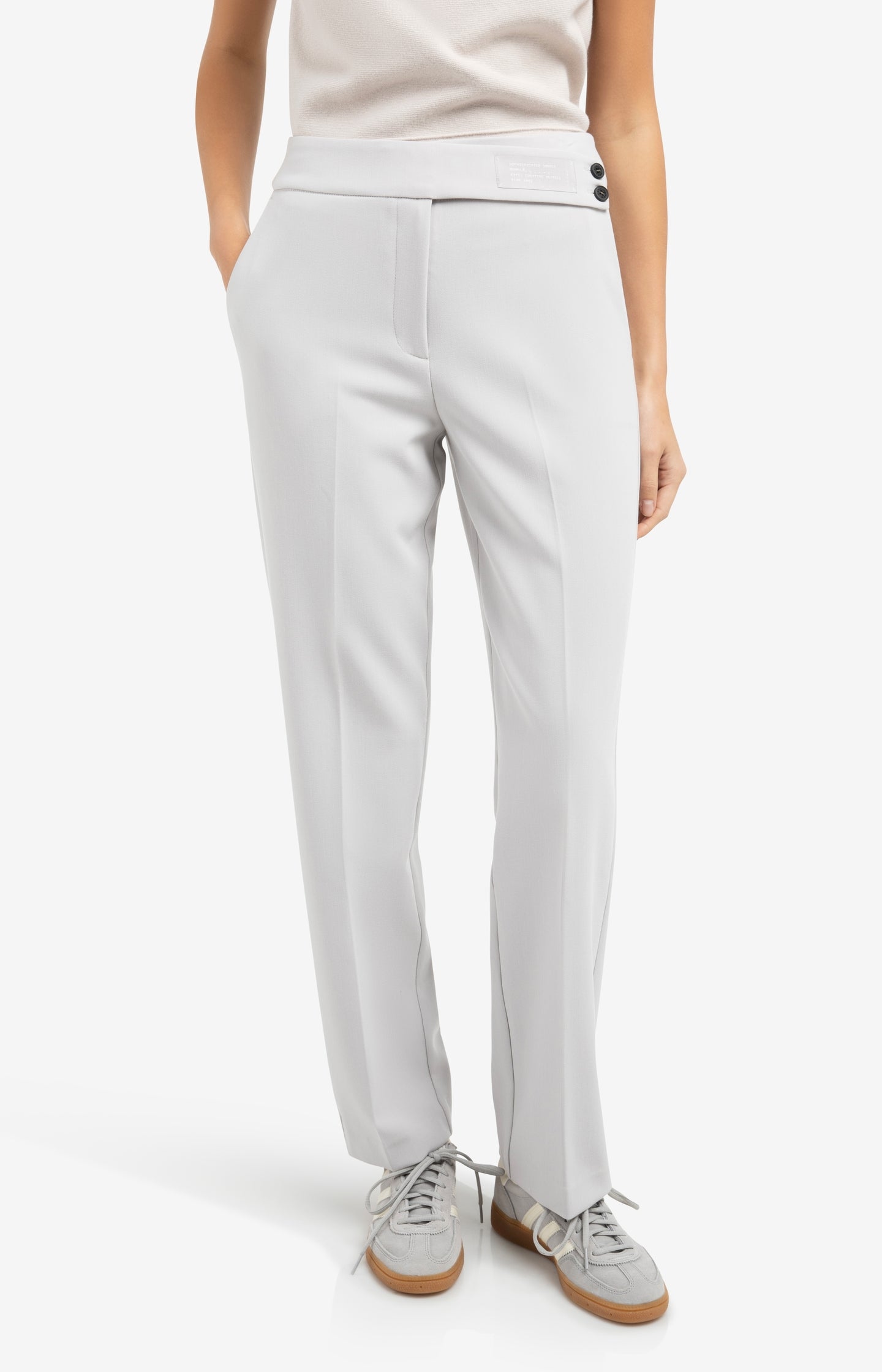 Woven trousers with asymmetrical waistband and straight fit