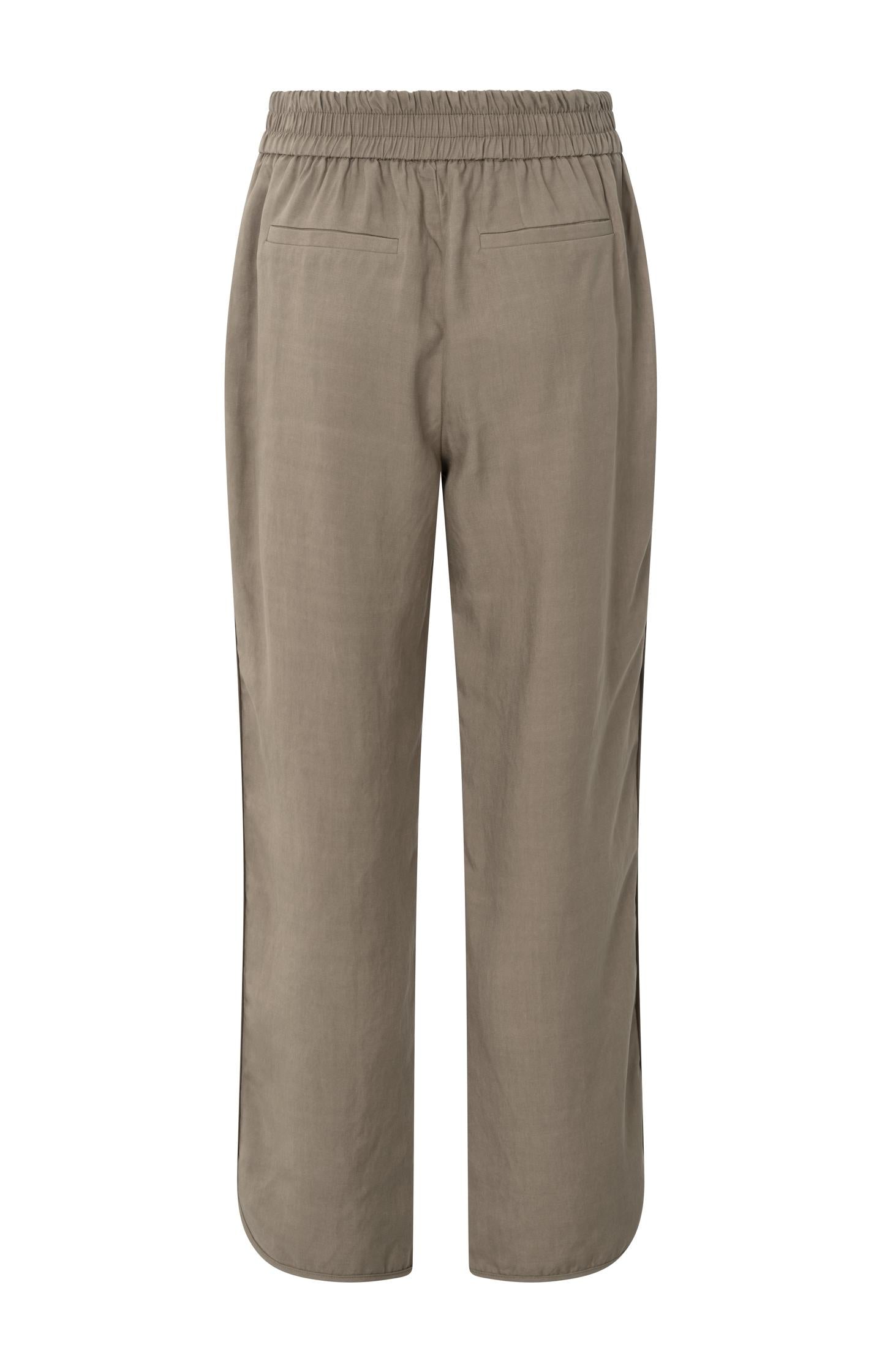 Woven trousers with elastic waistband and curved hem