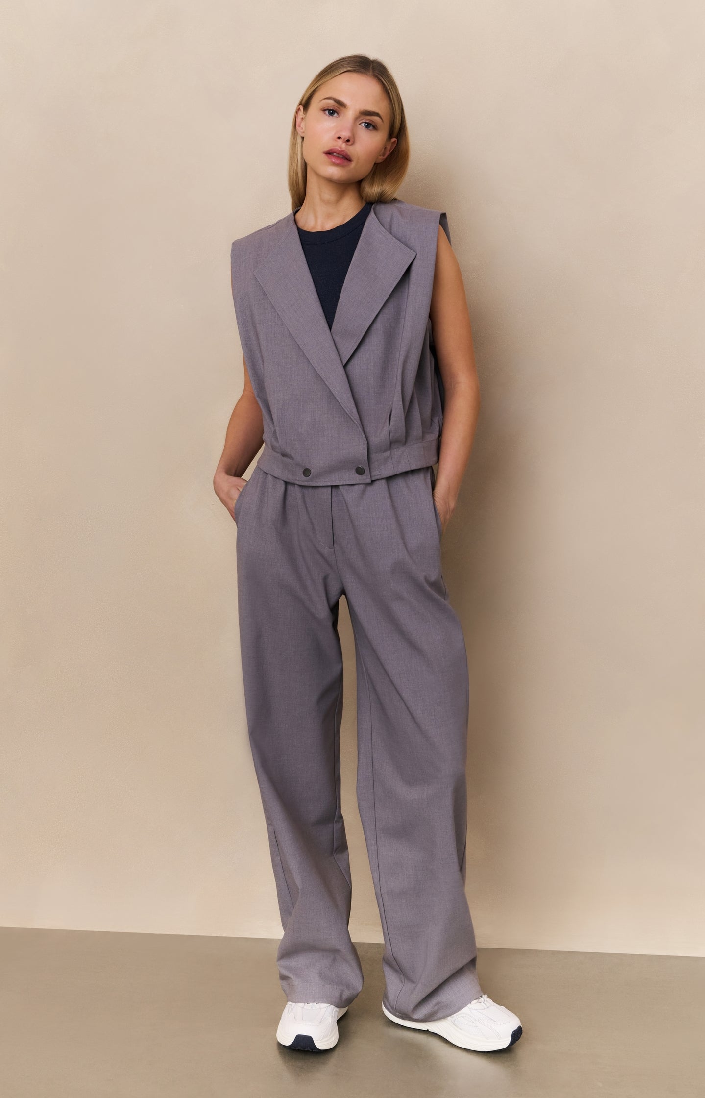 Woven wide leg trousers with elastic waist and belt detail