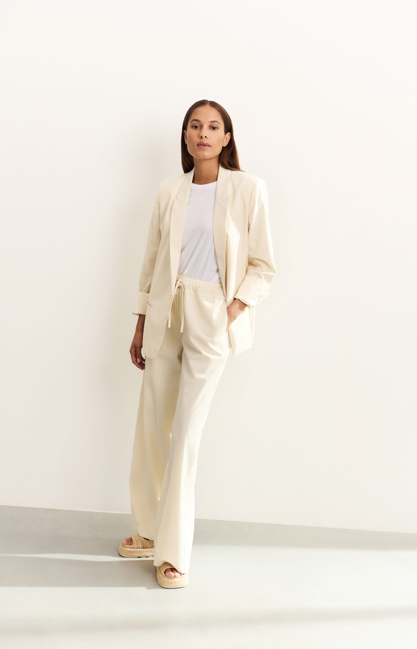 Woven wide-leg trousers with satin waistband