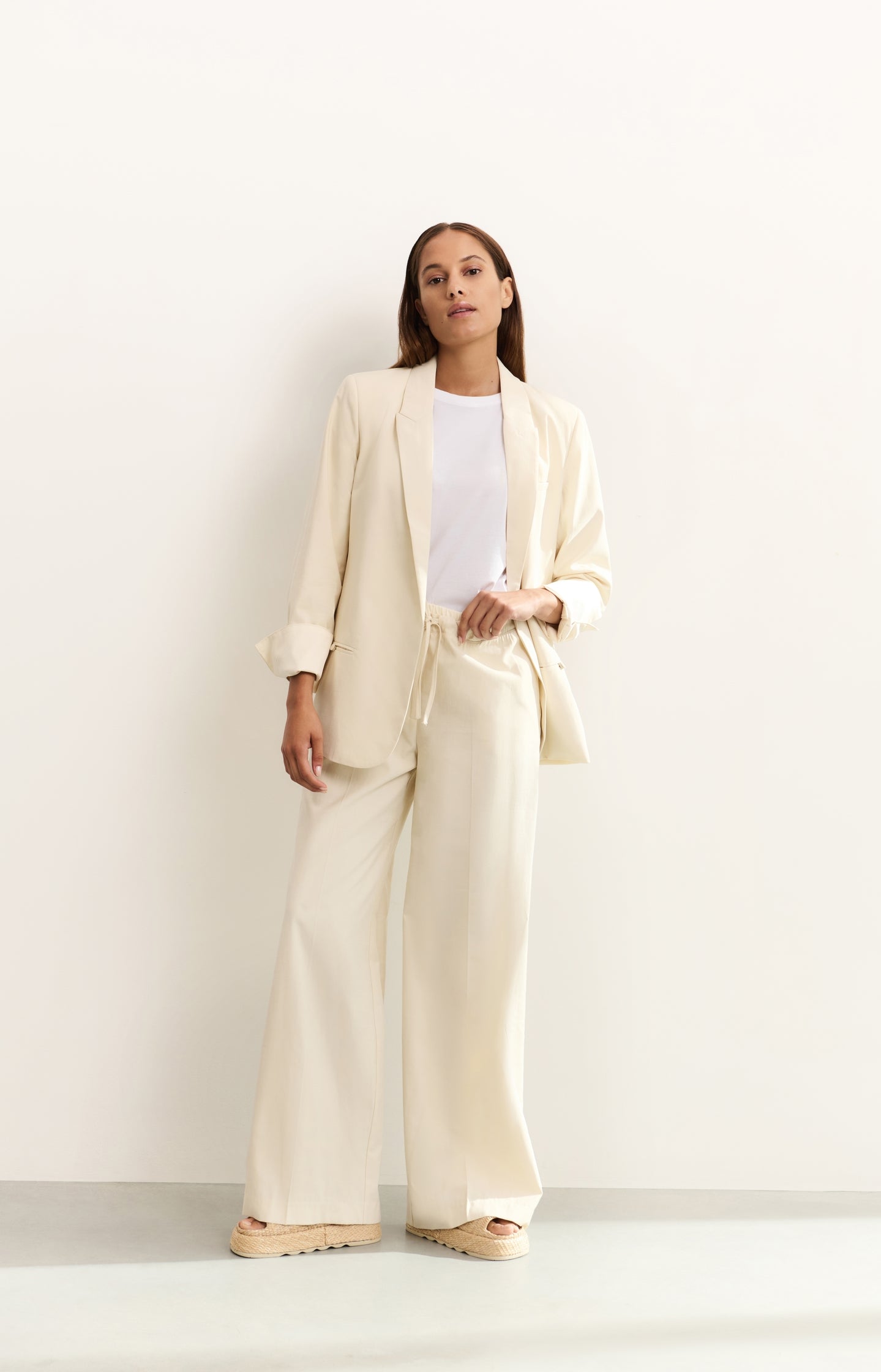 Woven wide-leg trousers with satin waistband