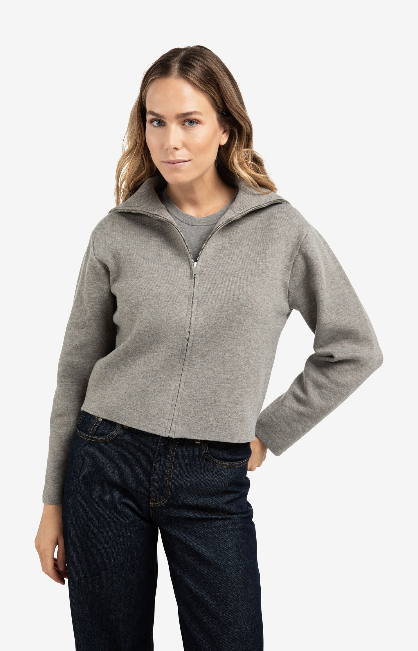 Zip-up cardigan with high neckline