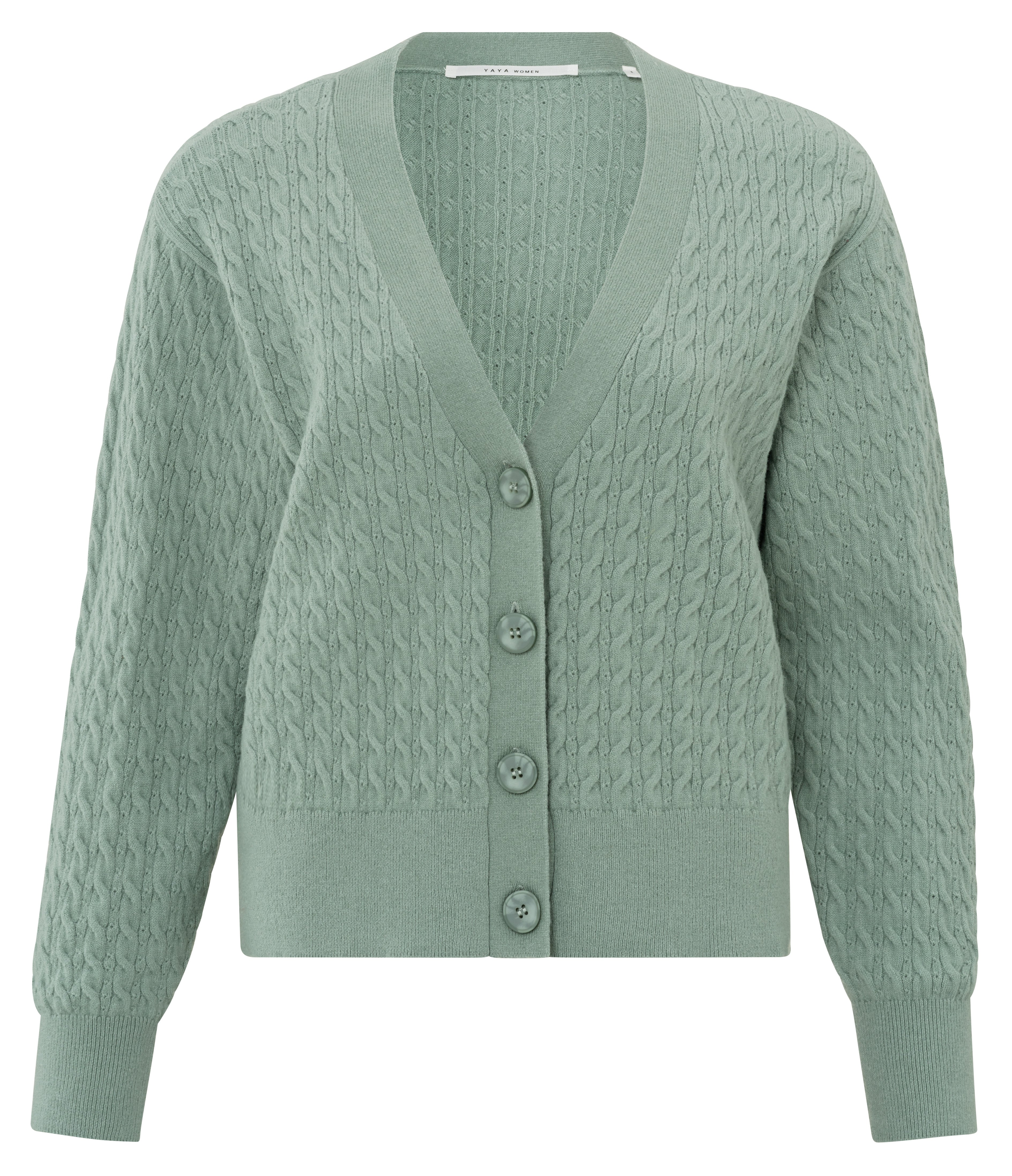 Cardigan with cable pattern, long sleeves and deep V-neck