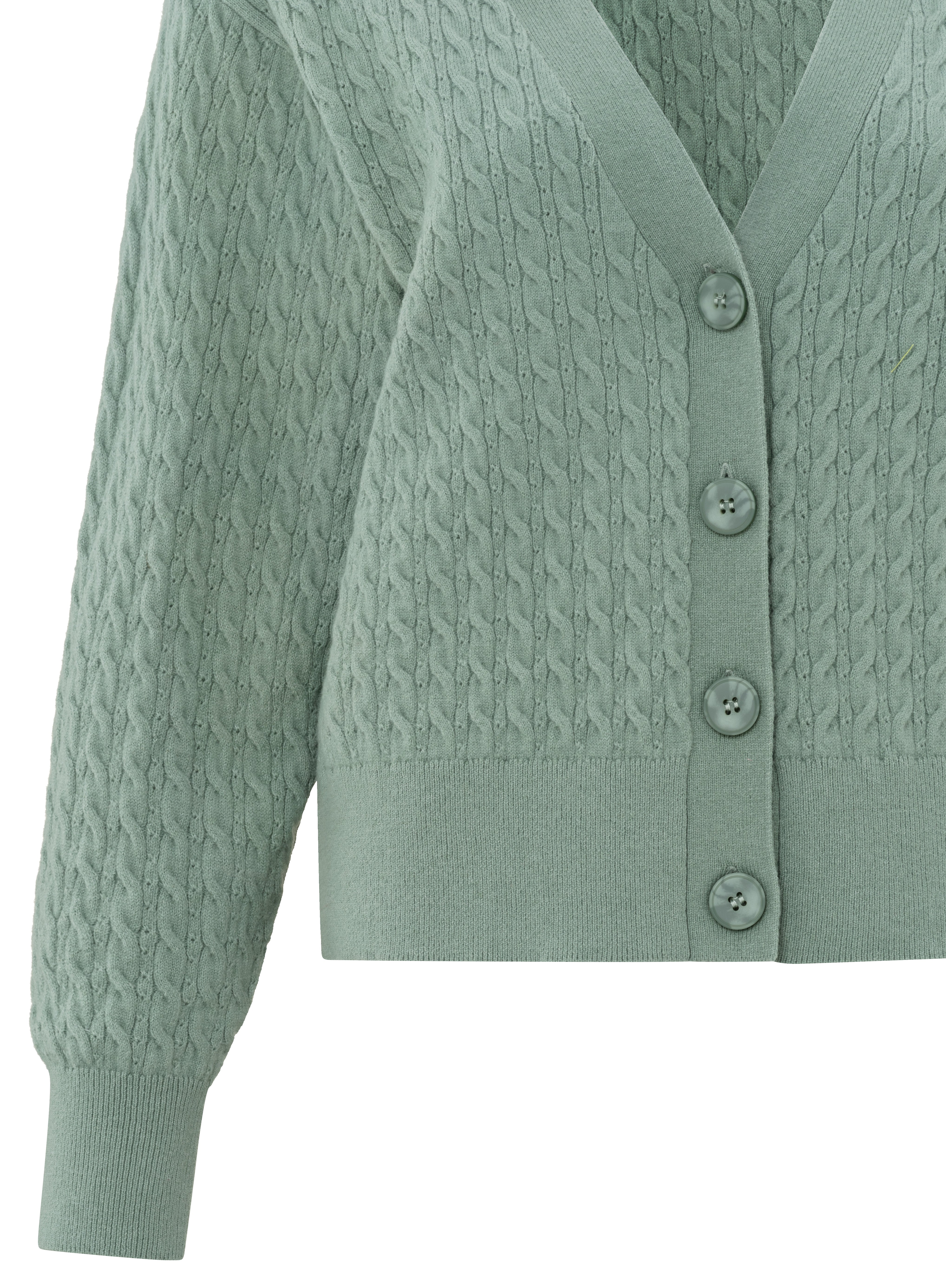 Cardigan with cable pattern, long sleeves and deep V-neck