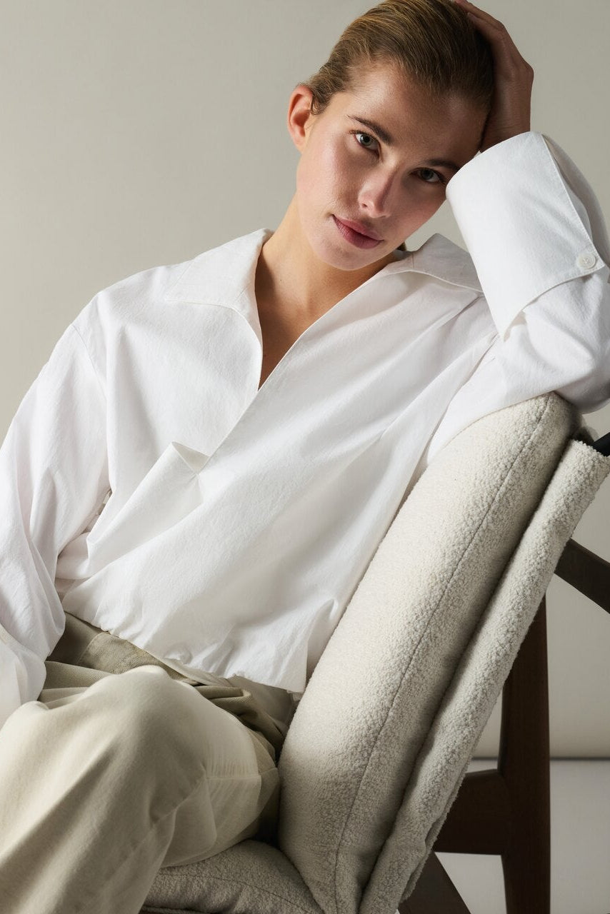 Balloon blouse with deep V-neck