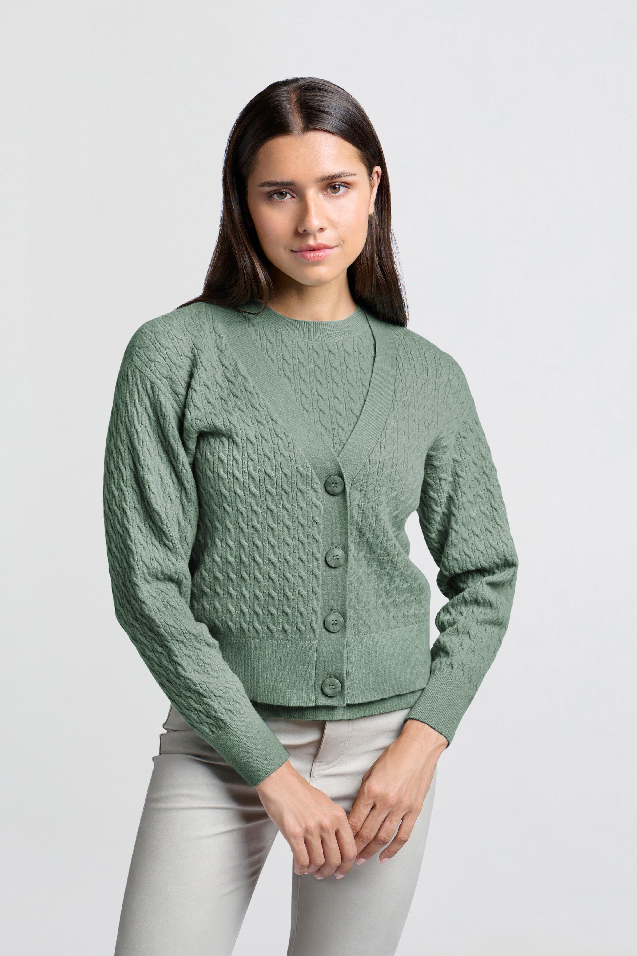 Cardigan with cable pattern, long sleeves and deep V-neck