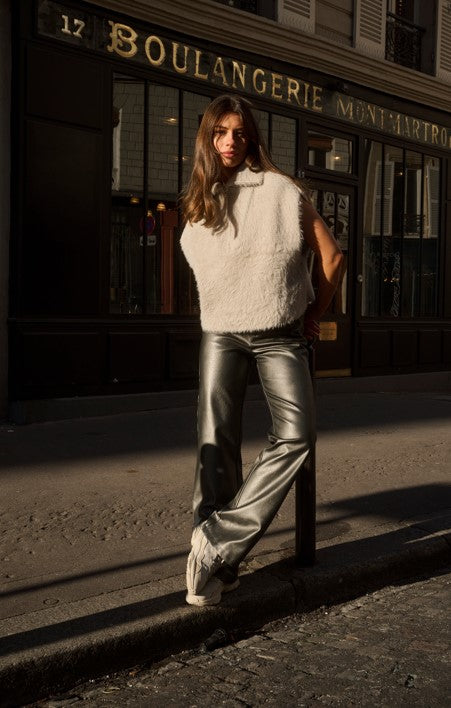 Metallic faux leather pants with wide legs and regular fit