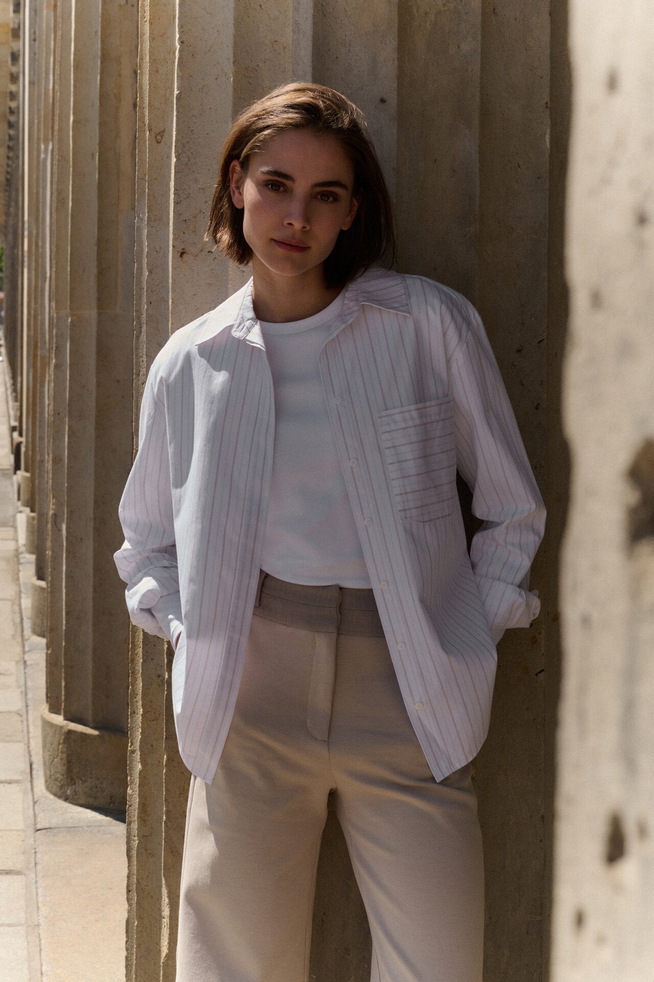 Striped blouse with chest pocket and cuff tape