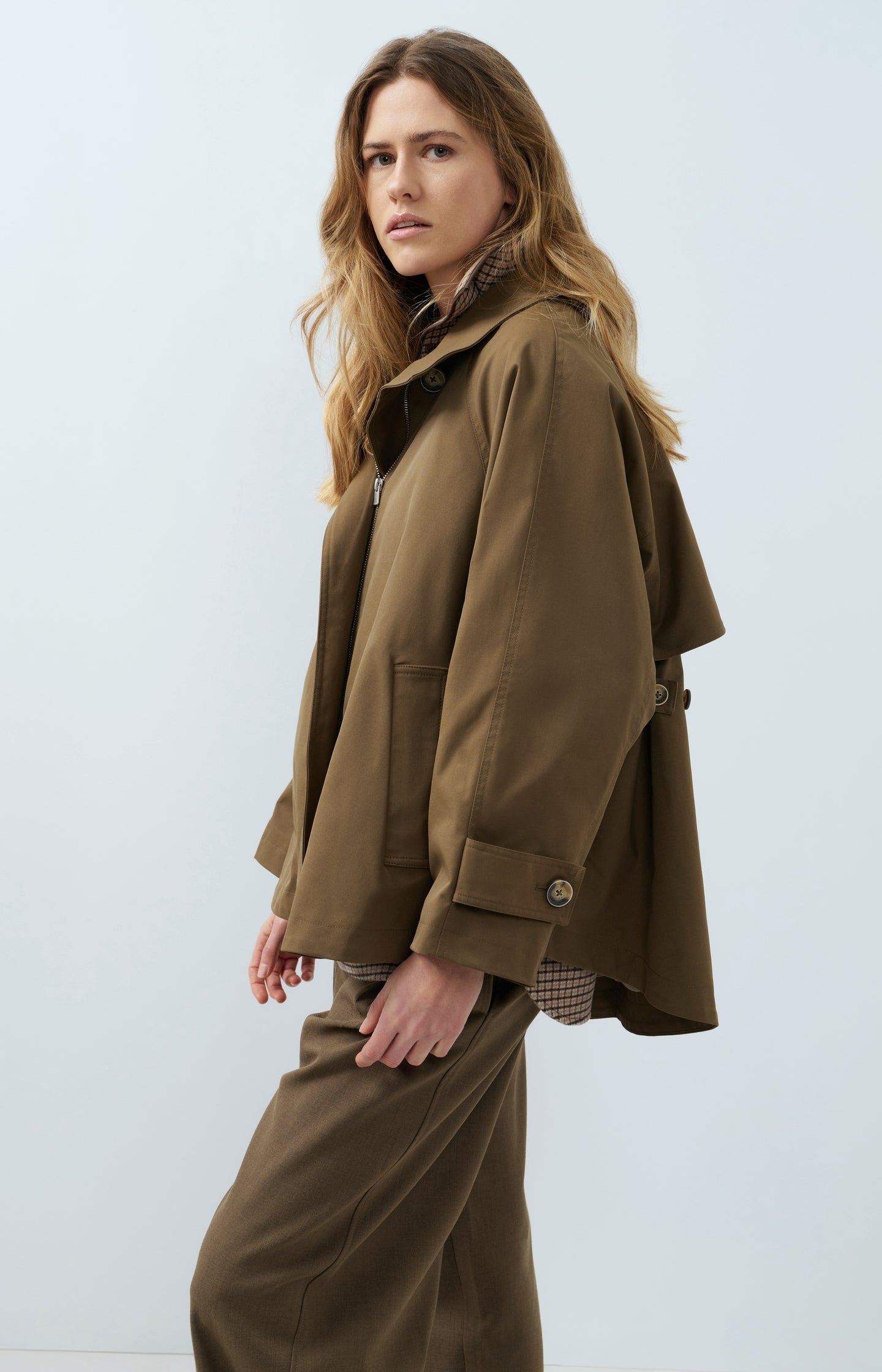 A-line trench jacket with stand collar