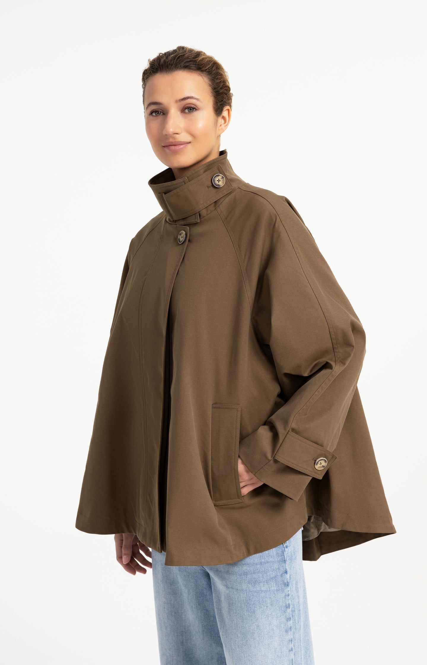 A-line trench jacket with stand collar