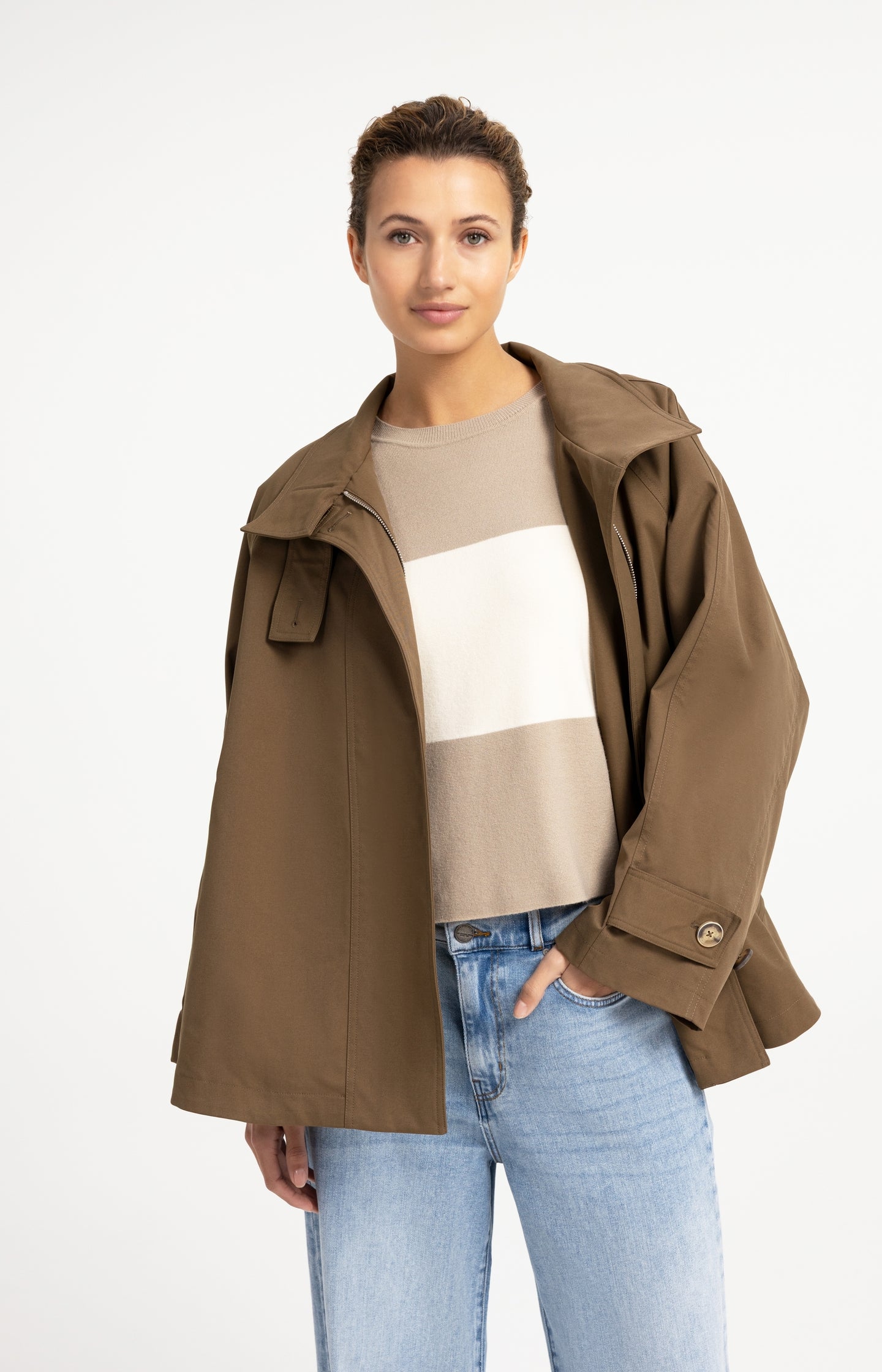 A-line trench jacket with stand collar