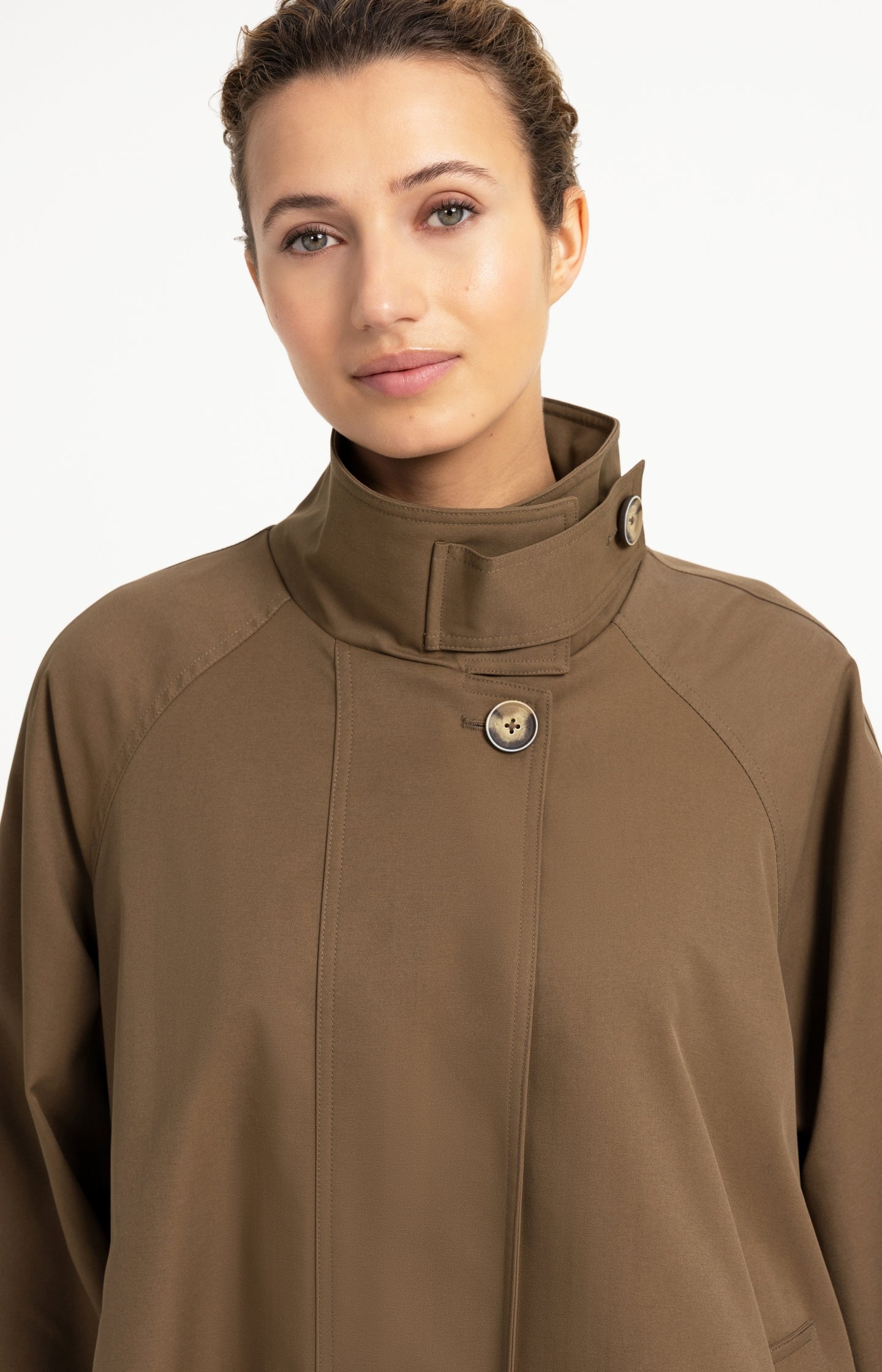A-line trench jacket with stand collar
