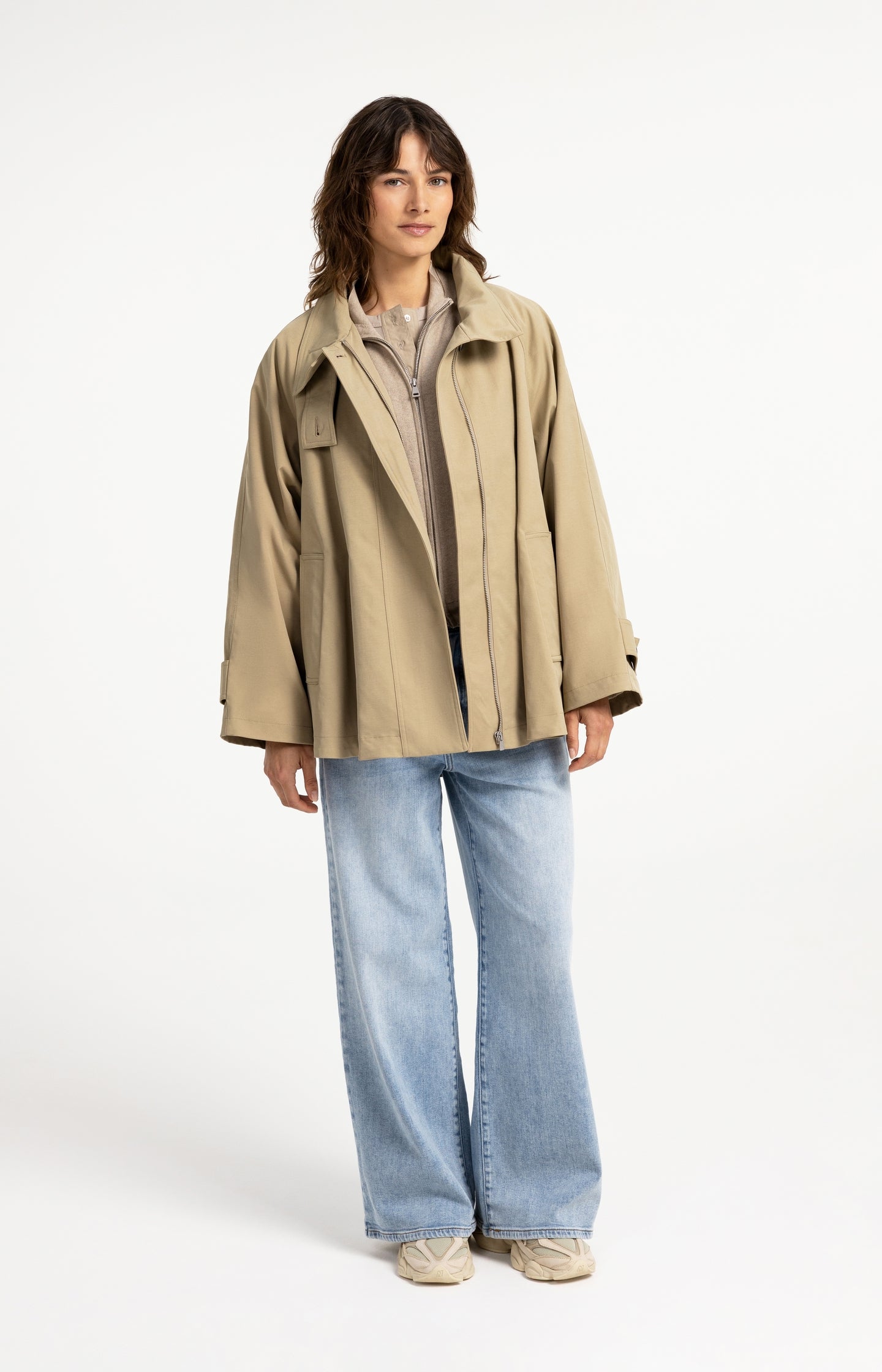 A-line trench jacket with stand collar