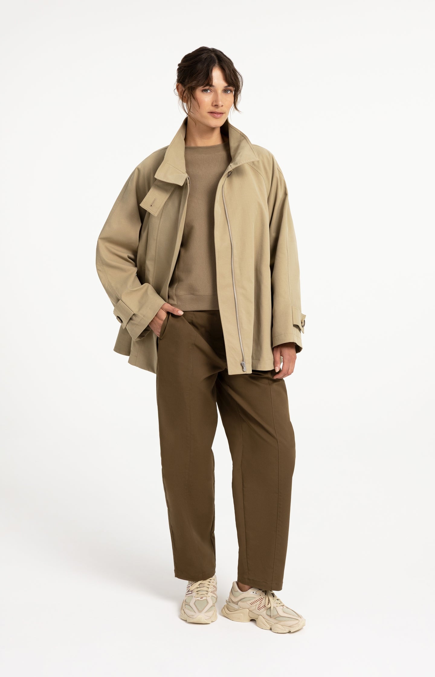 A-line trench jacket with stand collar