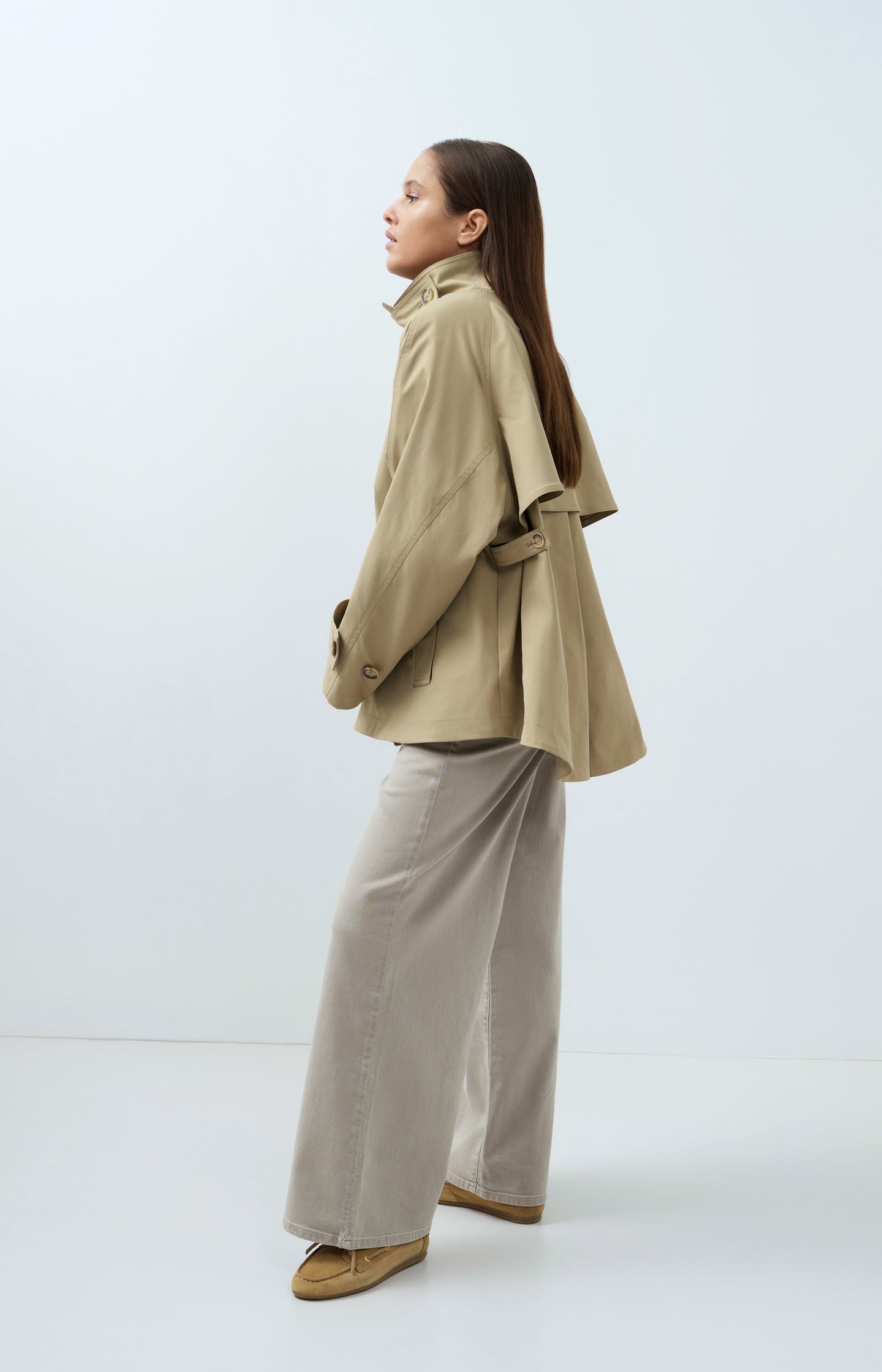 A-line trench jacket with stand collar