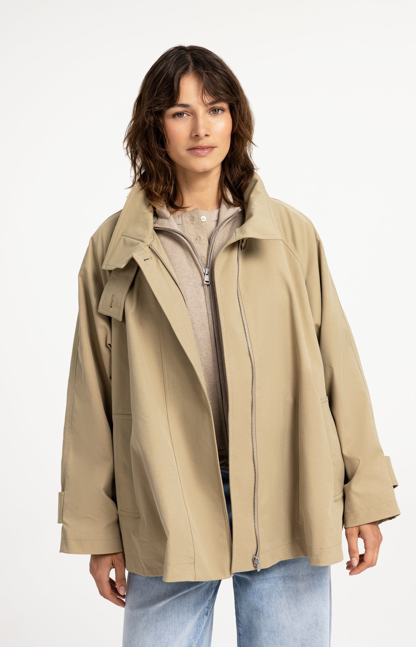 A-line trench jacket with stand collar