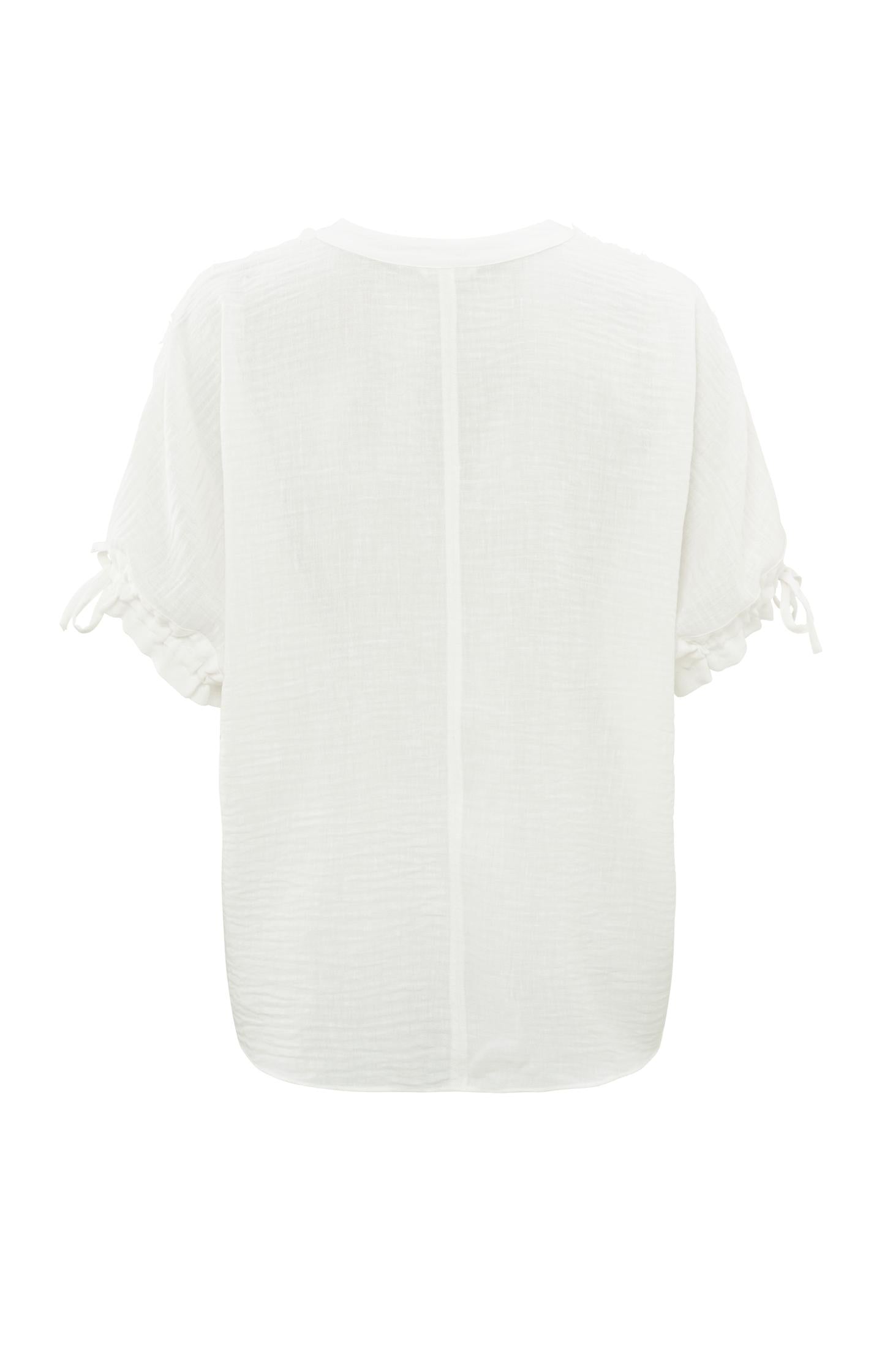 Airy top with V-neck and short sleeves with drawstrings