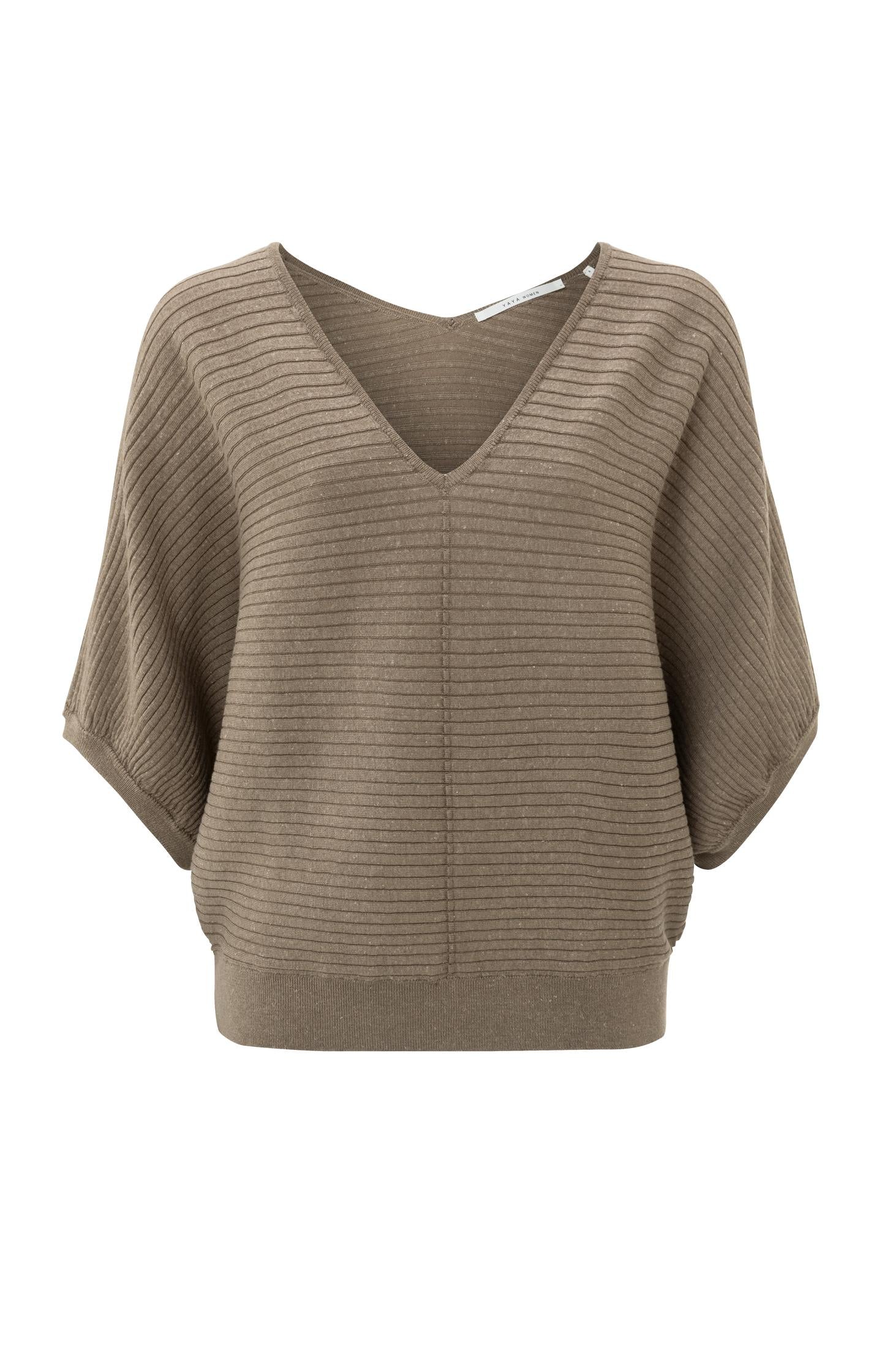 Batwing sweater with V-neck, 7/8 sleeves and ribbed details - Type: product