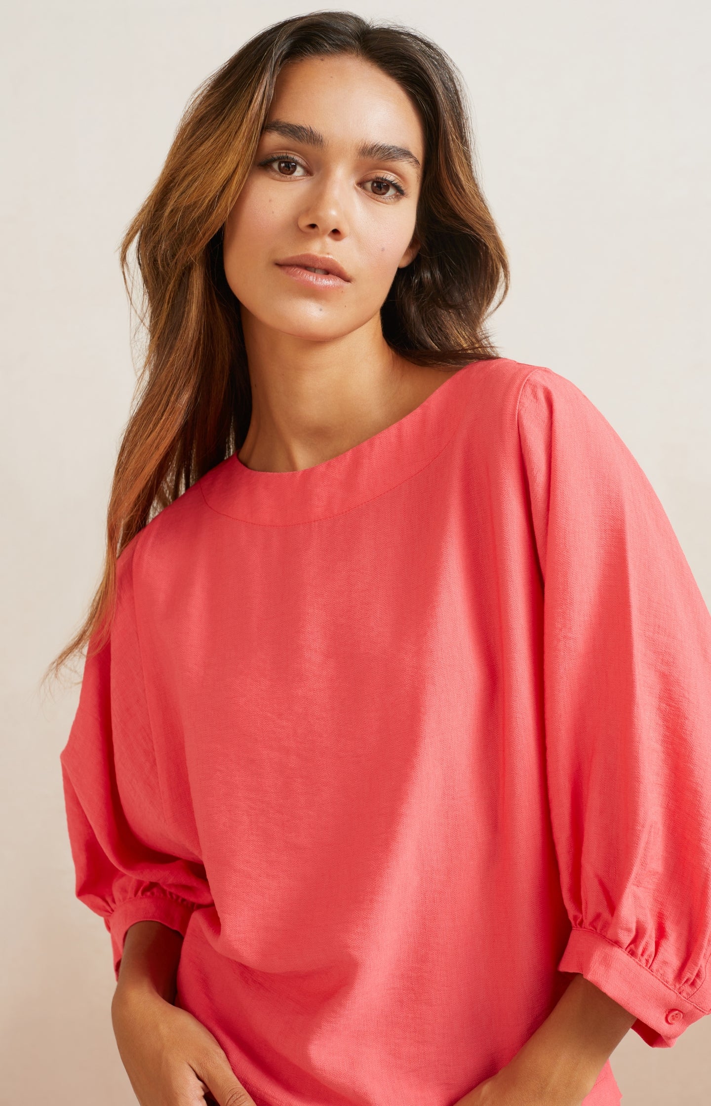 Batwing top with boatneck and long sleeves in wide fit