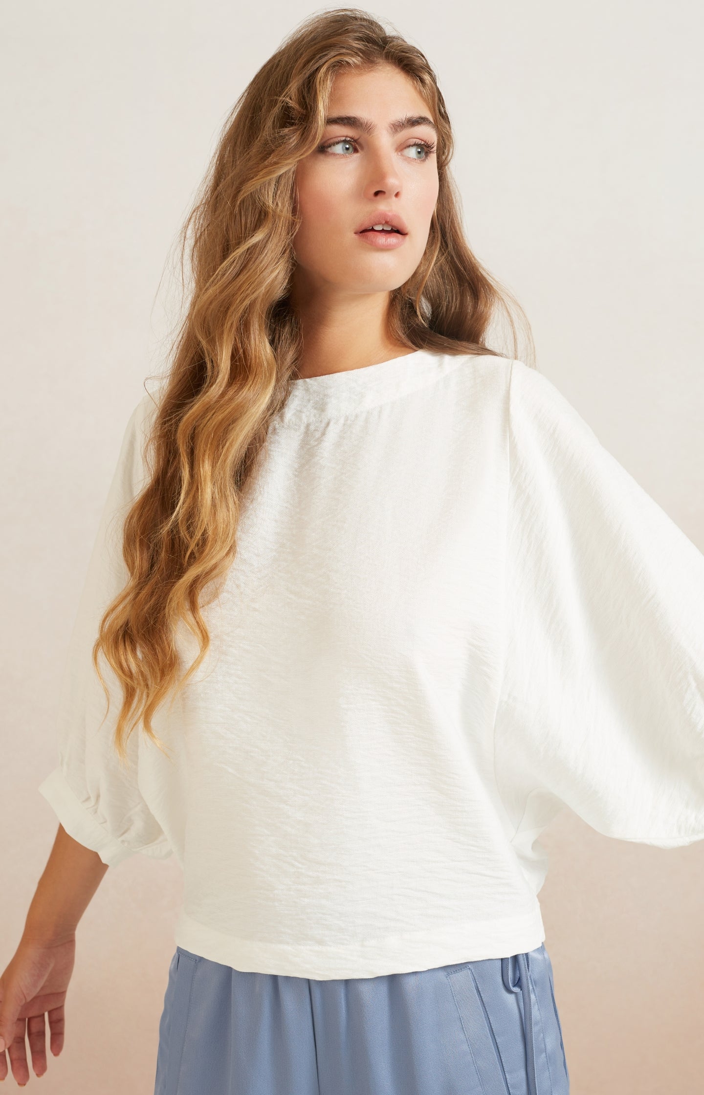 Batwing top with boatneck and long sleeves in wide fit