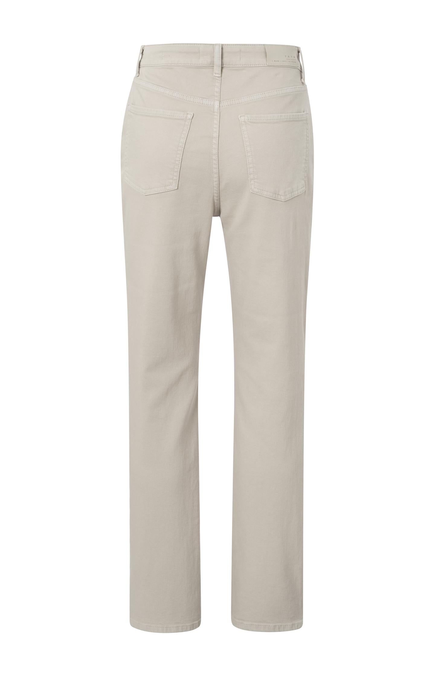 Beige denim pants with straight legs, belt loops and pockets